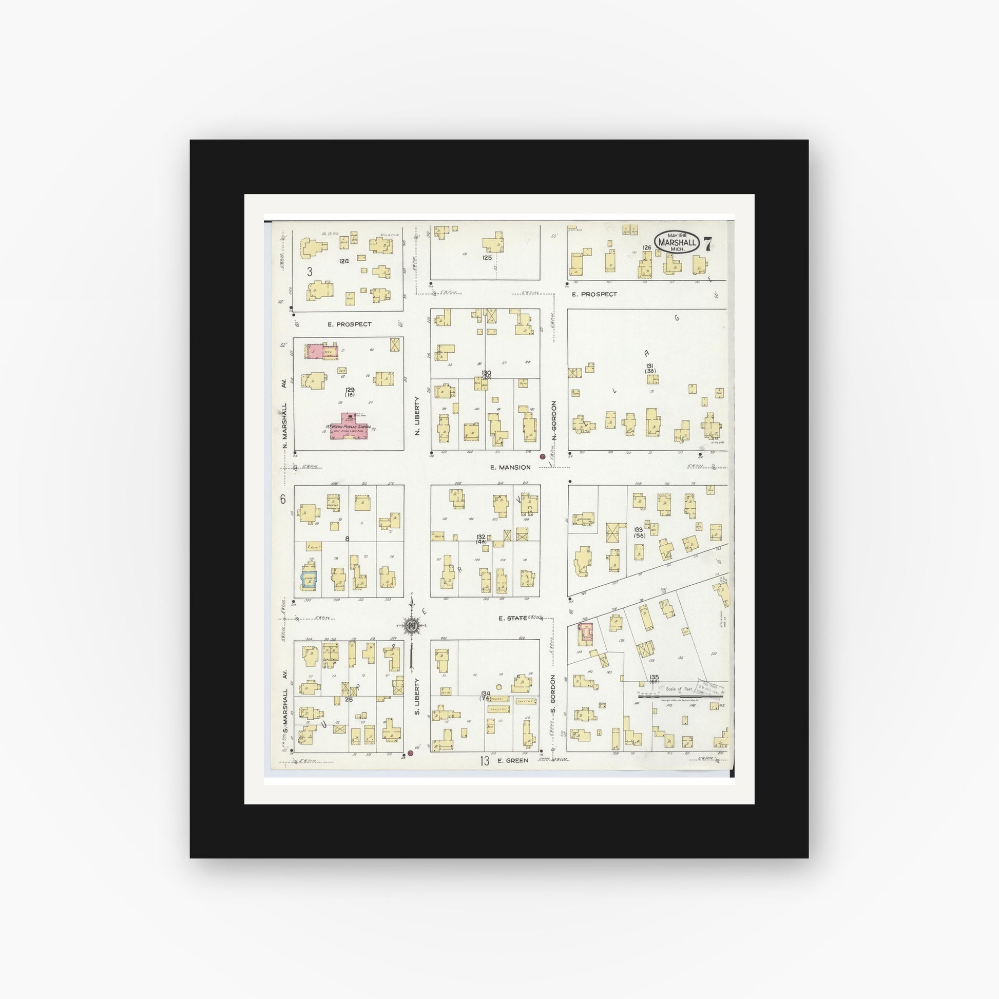 Old map wall art mockup — black gallery frame with white mat — Sanborn Fire Insurance Map from Marshall, Calhoun County, Michigan (1916), Sheet #0007