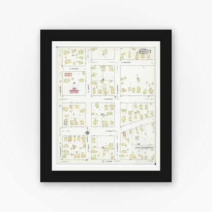 Old map wall art mockup — black gallery frame with white mat — Sanborn Fire Insurance Map from Marshall, Calhoun County, Michigan (1916), Sheet #0007