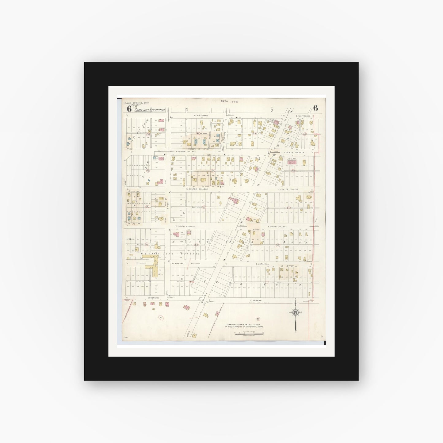 Old map wall art mockup — black gallery frame with white mat — Sanborn Fire Insurance Map from Yellow Springs, Greene County, Ohio (1945), Sheet #0006