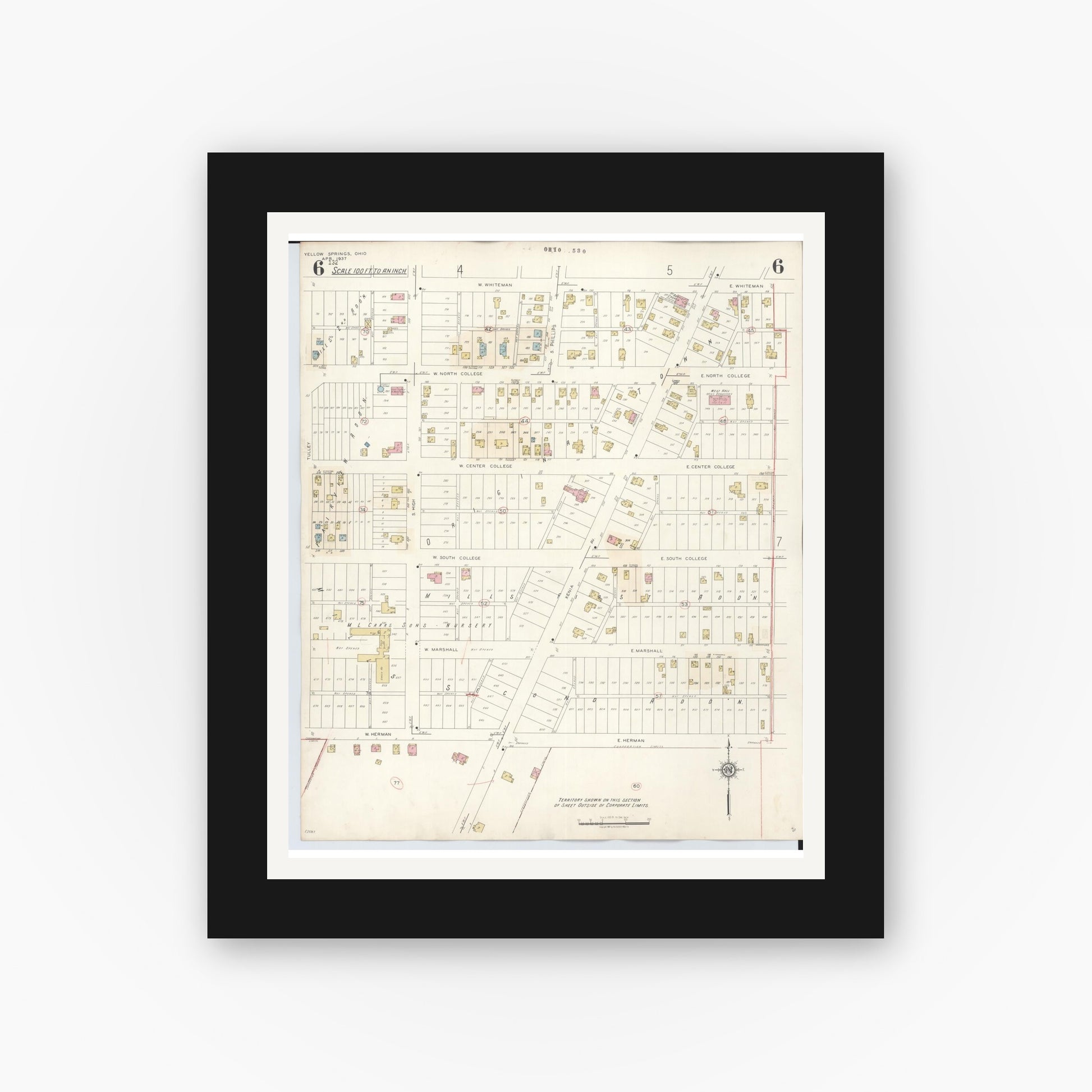 Old map wall art mockup — black gallery frame with white mat — Sanborn Fire Insurance Map from Yellow Springs, Greene County, Ohio (1945), Sheet #0006