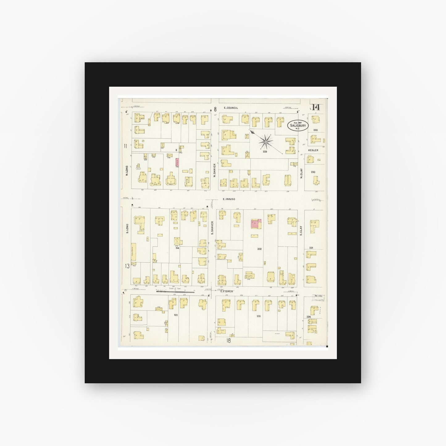 Old map wall art mockup — black gallery frame with white mat — Sanborn Fire Insurance Map from Salisbury, Rowan County, North Carolina (1907), Sheet #0014