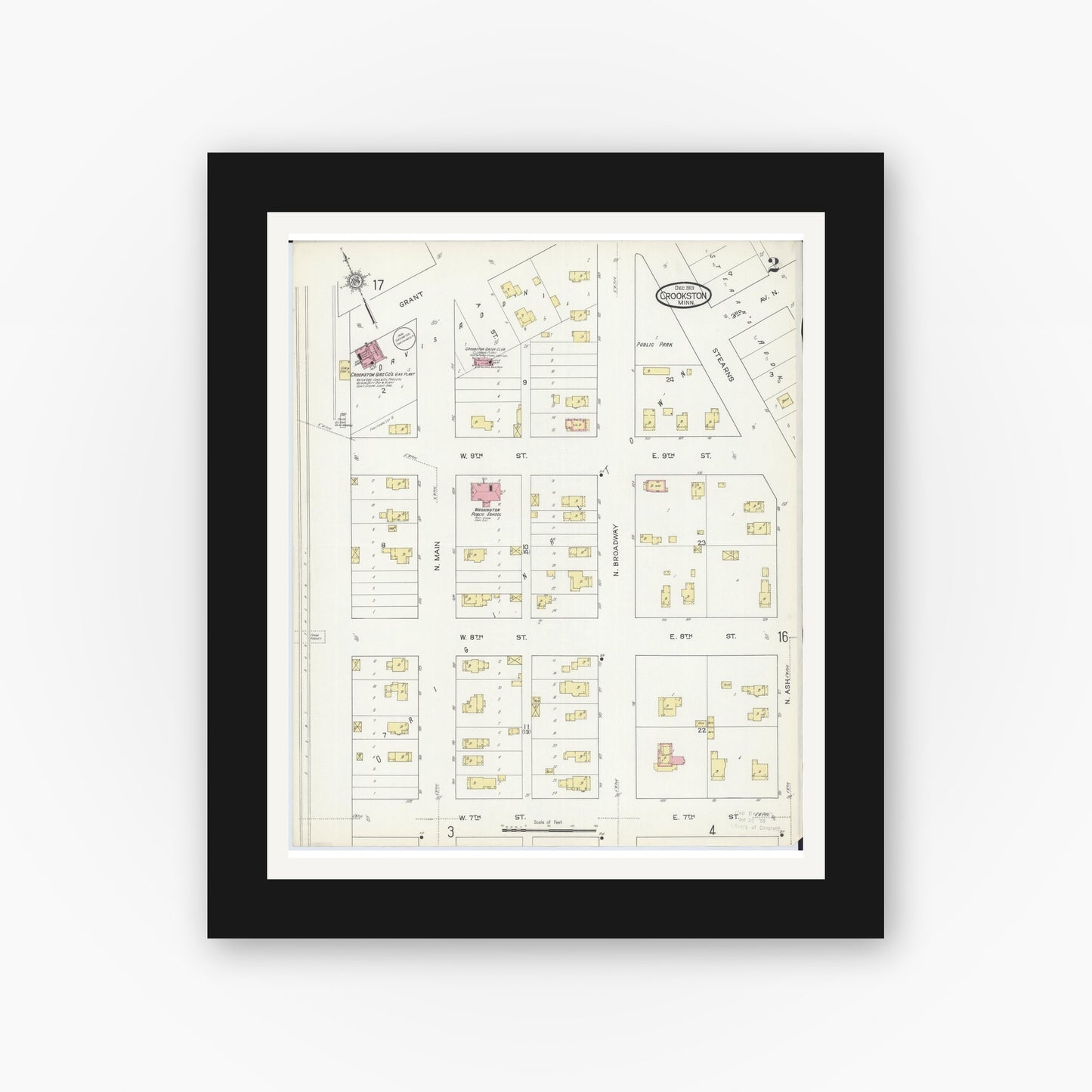 Old map wall art mockup — black gallery frame with white mat — Sanborn Fire Insurance Map from Crookston, Polk County, Minnesota (1913), Sheet #0002