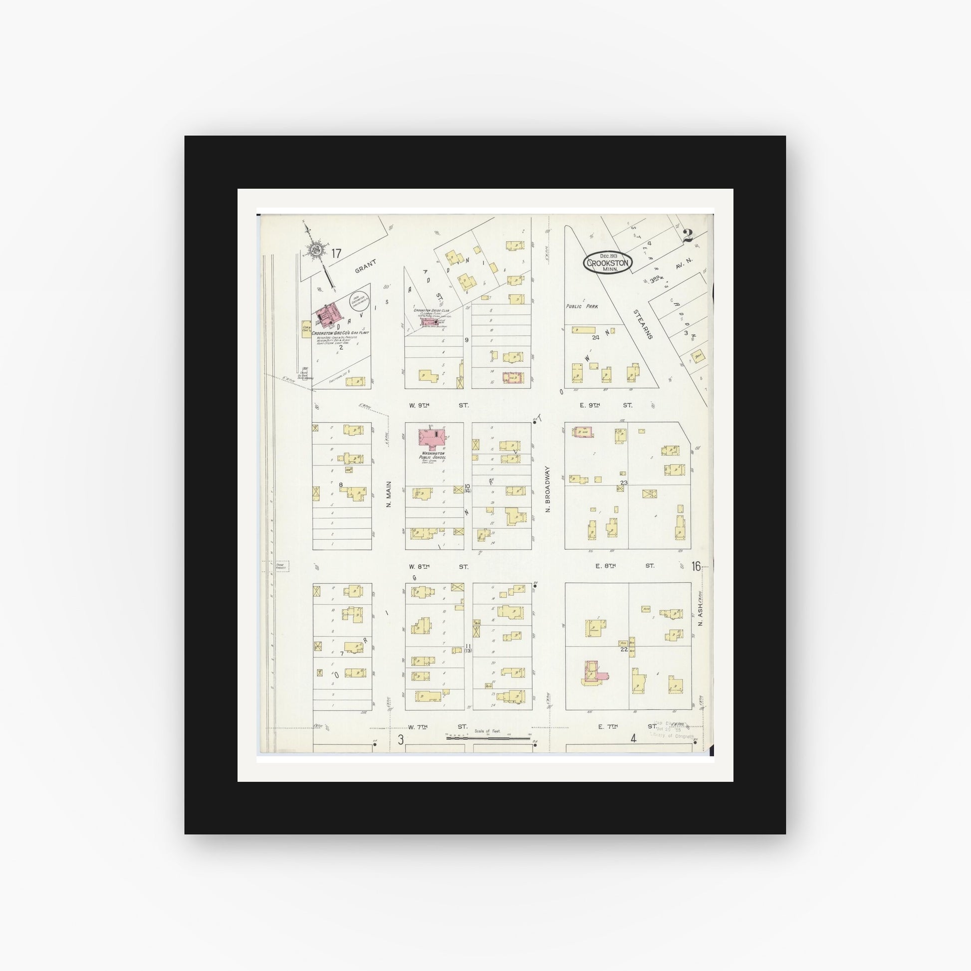 Old map wall art mockup — black gallery frame with white mat — Sanborn Fire Insurance Map from Crookston, Polk County, Minnesota (1913), Sheet #0002