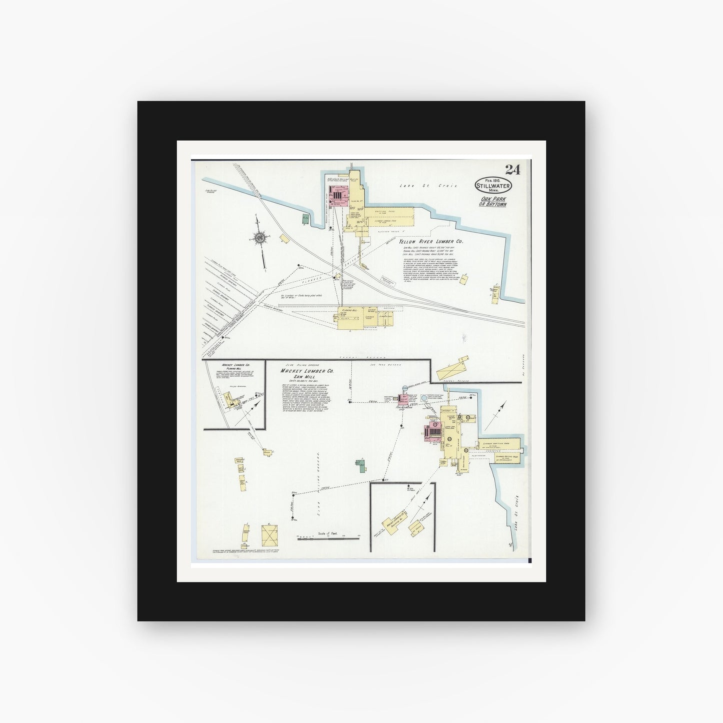 Old map wall art mockup — black gallery frame with white mat — Sanborn Fire Insurance Map from Stillwater, Washington County, Minnesota (1910), Sheet #0024