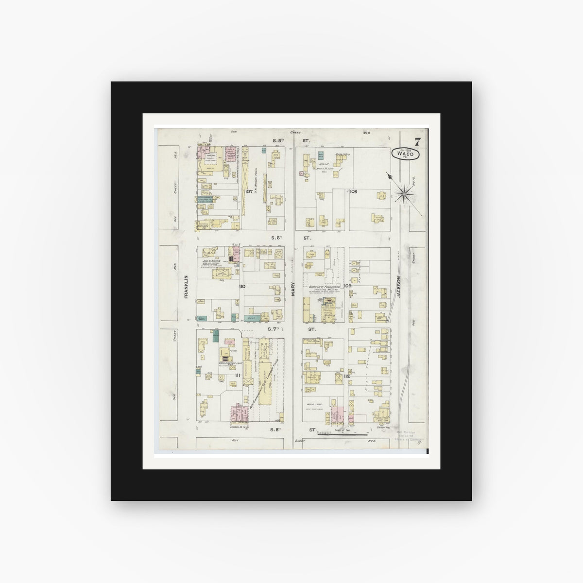 Old map wall art mockup — black gallery frame with white mat — Sanborn Fire Insurance Map from Waco, McLennan County, Texas (1889), Sheet #0007