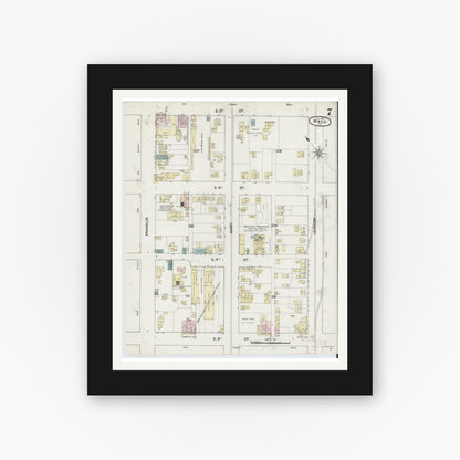 Old map wall art mockup — black gallery frame with white mat — Sanborn Fire Insurance Map from Waco, McLennan County, Texas (1889), Sheet #0007