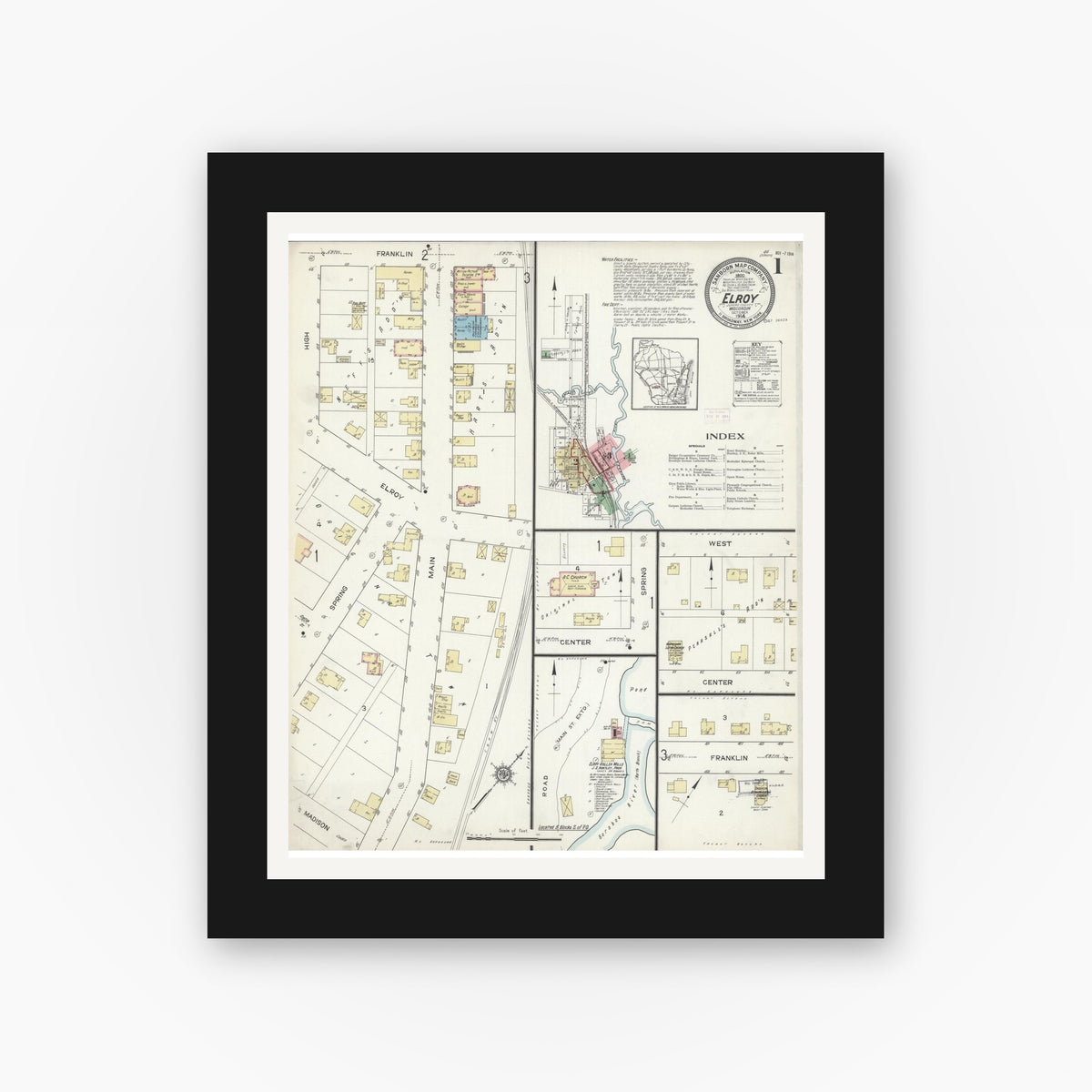 Old map wall art mockup — black gallery frame with white mat — Sanborn Fire Insurance Map from Elroy, Juneau County, Wisconsin (1914) - Complete Map Set