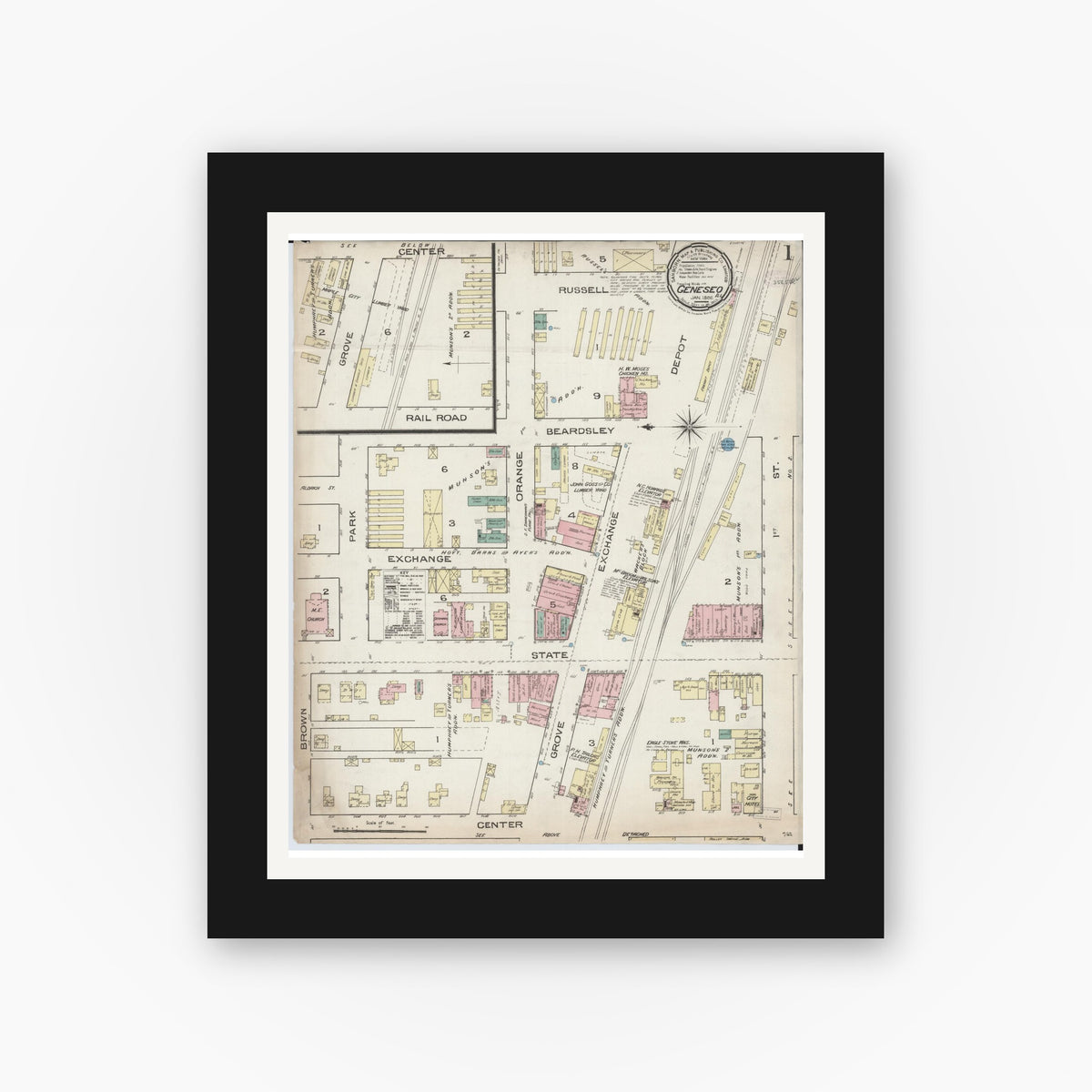 Old map wall art mockup — black gallery frame with white mat — Sanborn Fire Insurance Map from Geneseo, Henry County, Illinois (1886), Sheet #0001