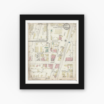 Old map wall art mockup — black gallery frame with white mat — Sanborn Fire Insurance Map from Geneseo, Henry County, Illinois (1886), Sheet #0001