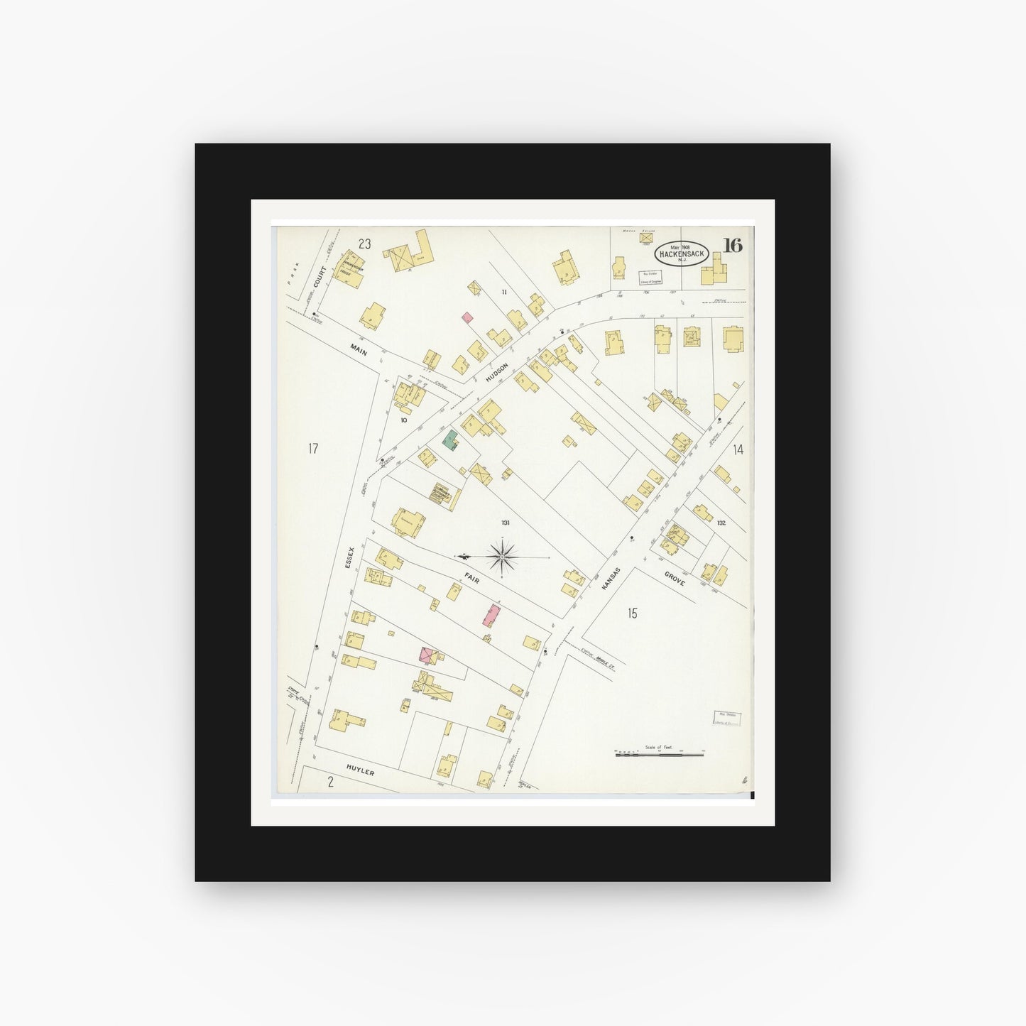 Old map wall art mockup — black gallery frame with white mat — Sanborn Fire Insurance Map from Hackensack, Bergen County, New Jersey (1908), Sheet #0016
