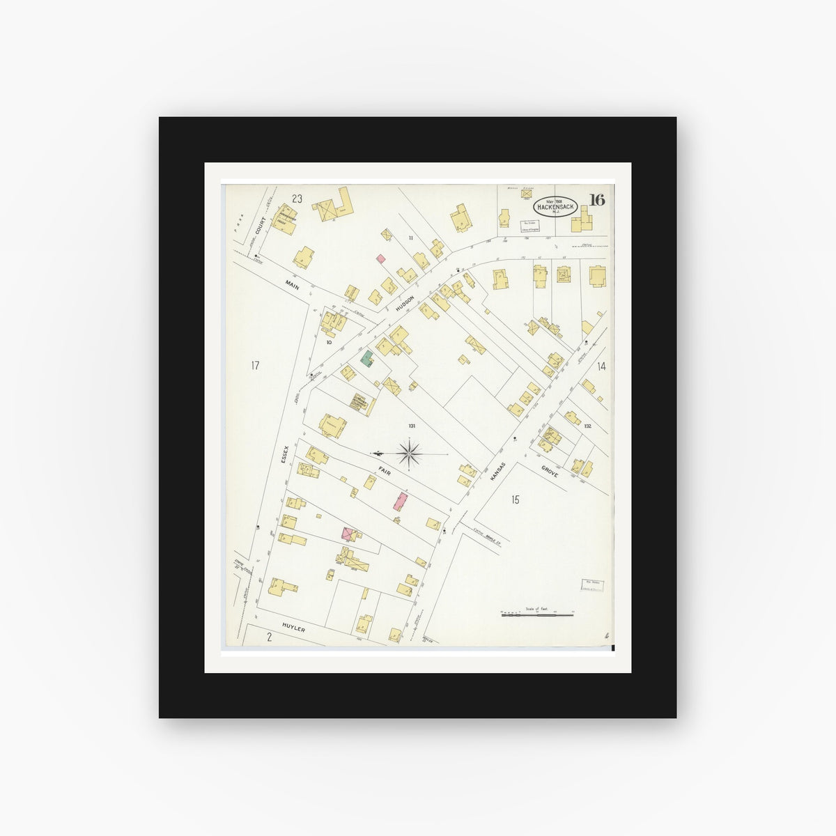 Old map wall art mockup — black gallery frame with white mat — Sanborn Fire Insurance Map from Hackensack, Bergen County, New Jersey (1908), Sheet #0016