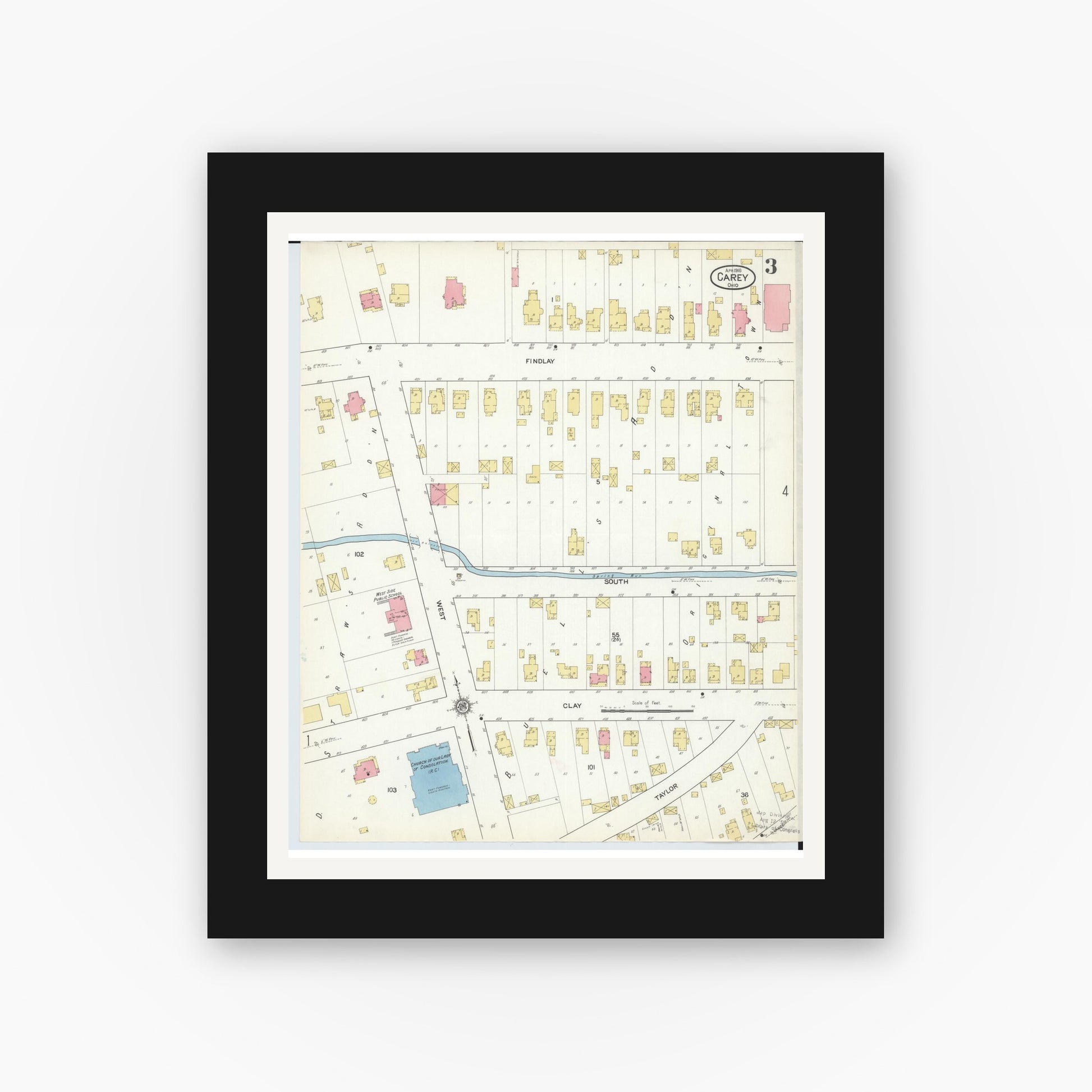 Old map wall art mockup — black gallery frame with white mat — Sanborn Fire Insurance Map from Carey, Wyandot County, Ohio (1916), Sheet #0003