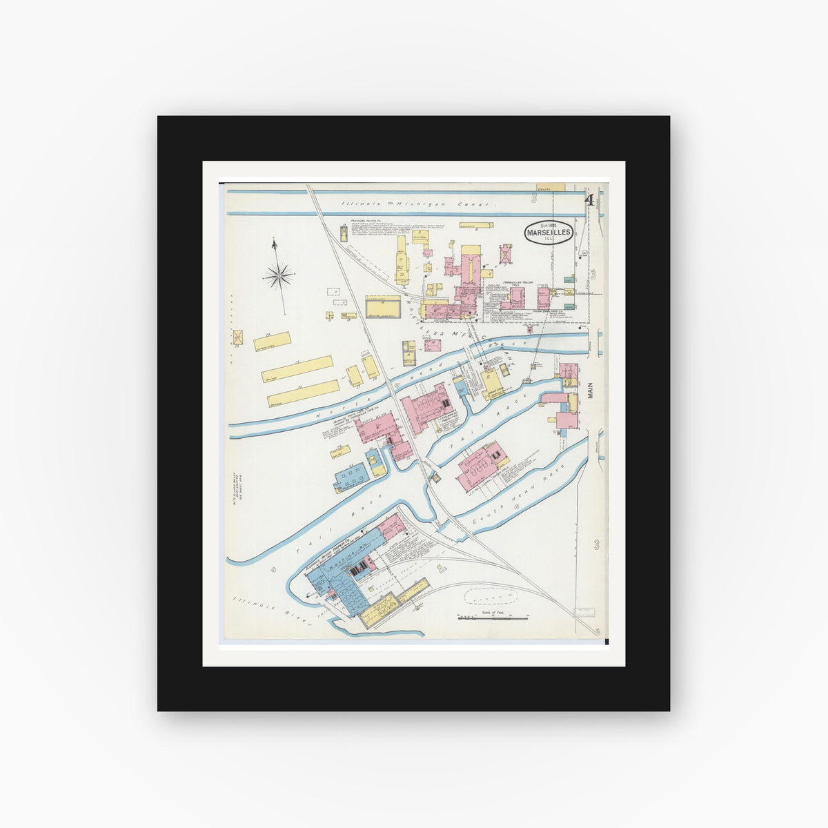 Old map wall art mockup — black gallery frame with white mat — Sanborn Fire Insurance Map from Marseilles, La Salle County, Illinois (1892), Sheet #0004