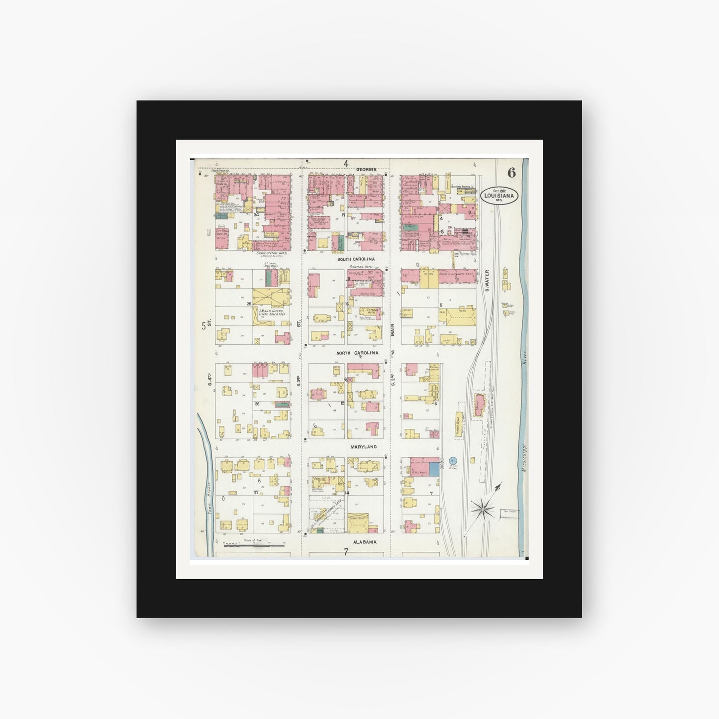 Old map wall art mockup — black gallery frame with white mat — Sanborn Fire Insurance Map from Louisiana, Pike County, Missouri (1902), Sheet #0006