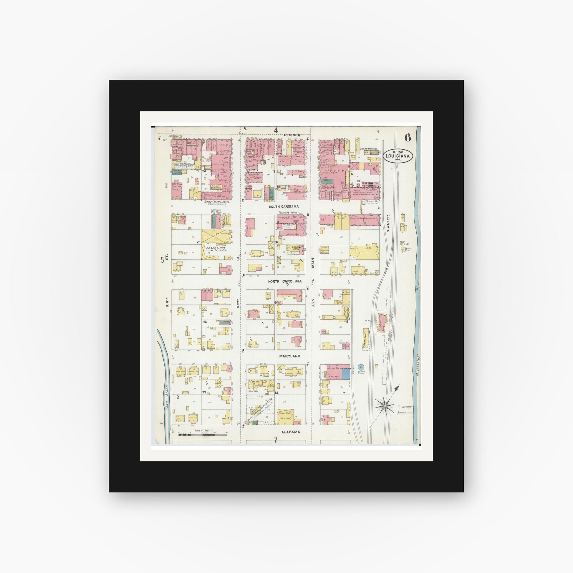 Old map wall art mockup — black gallery frame with white mat — Sanborn Fire Insurance Map from Louisiana, Pike County, Missouri (1902), Sheet #0006