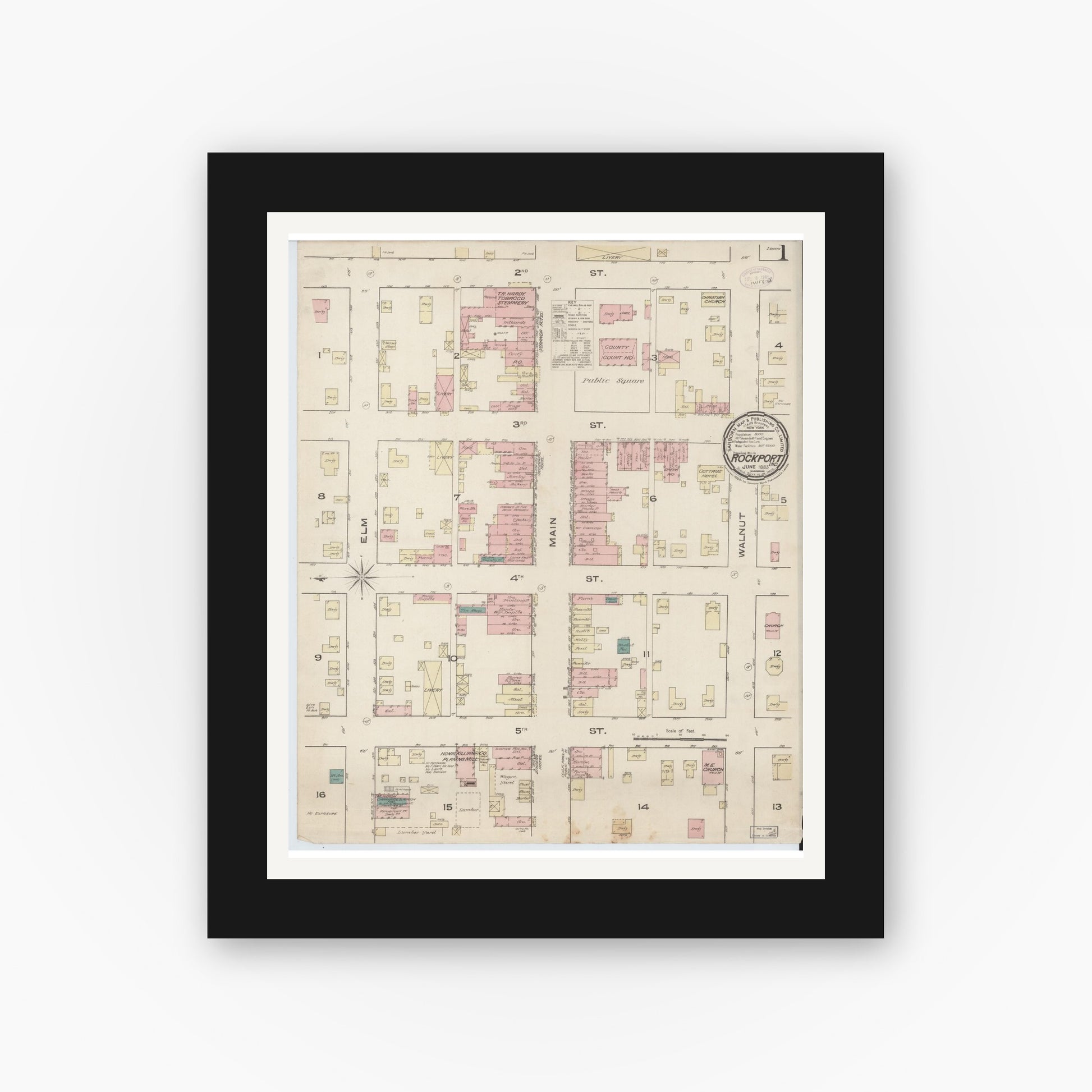 Old map wall art mockup — black gallery frame with white mat — Sanborn Fire Insurance Map from Rockport, Spencer County, Indiana (1885) - Complete Map Set