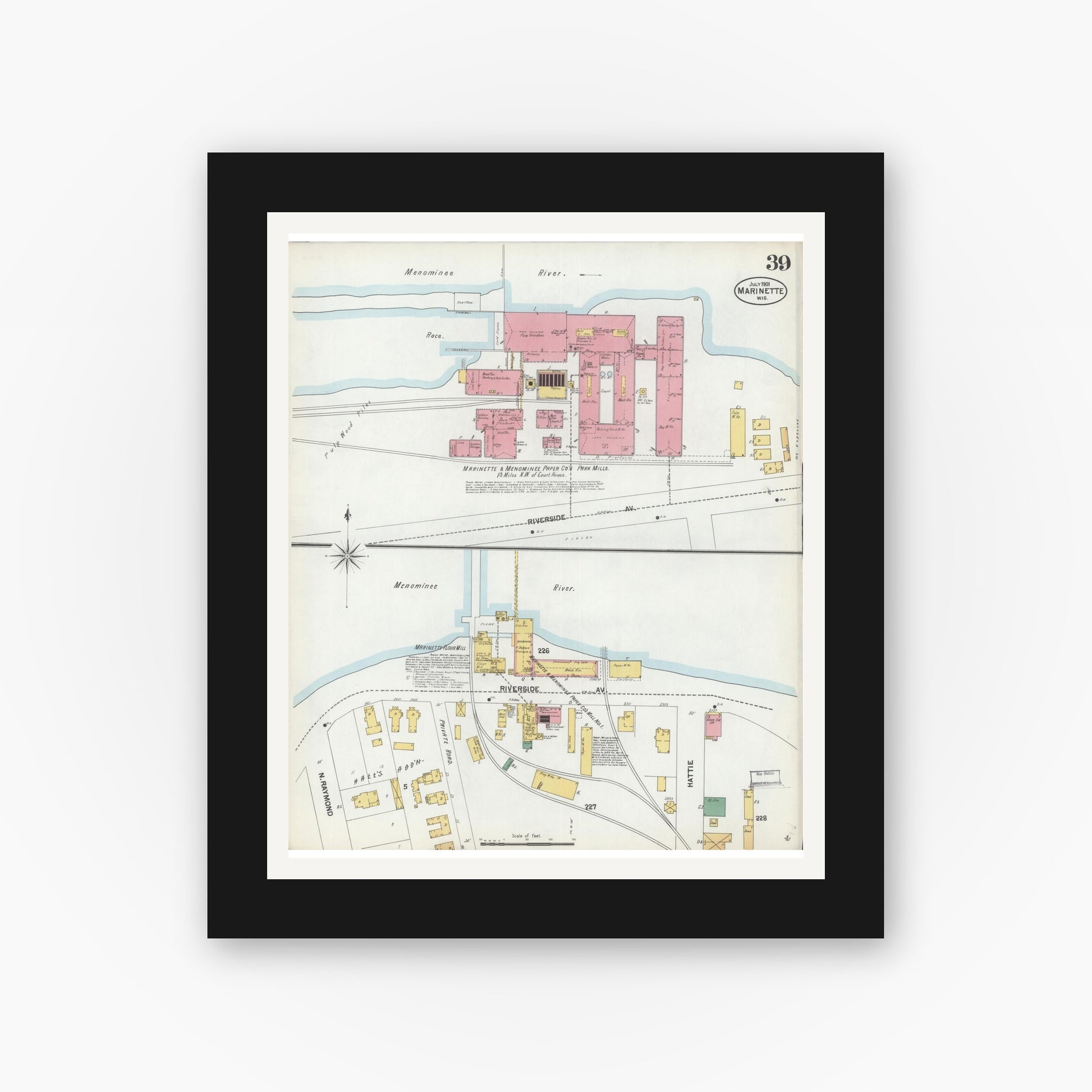 Old map wall art mockup — black gallery frame with white mat — Sanborn Fire Insurance Map from Marinette, Marinette County, Wisconsin (1901), Sheet #0039