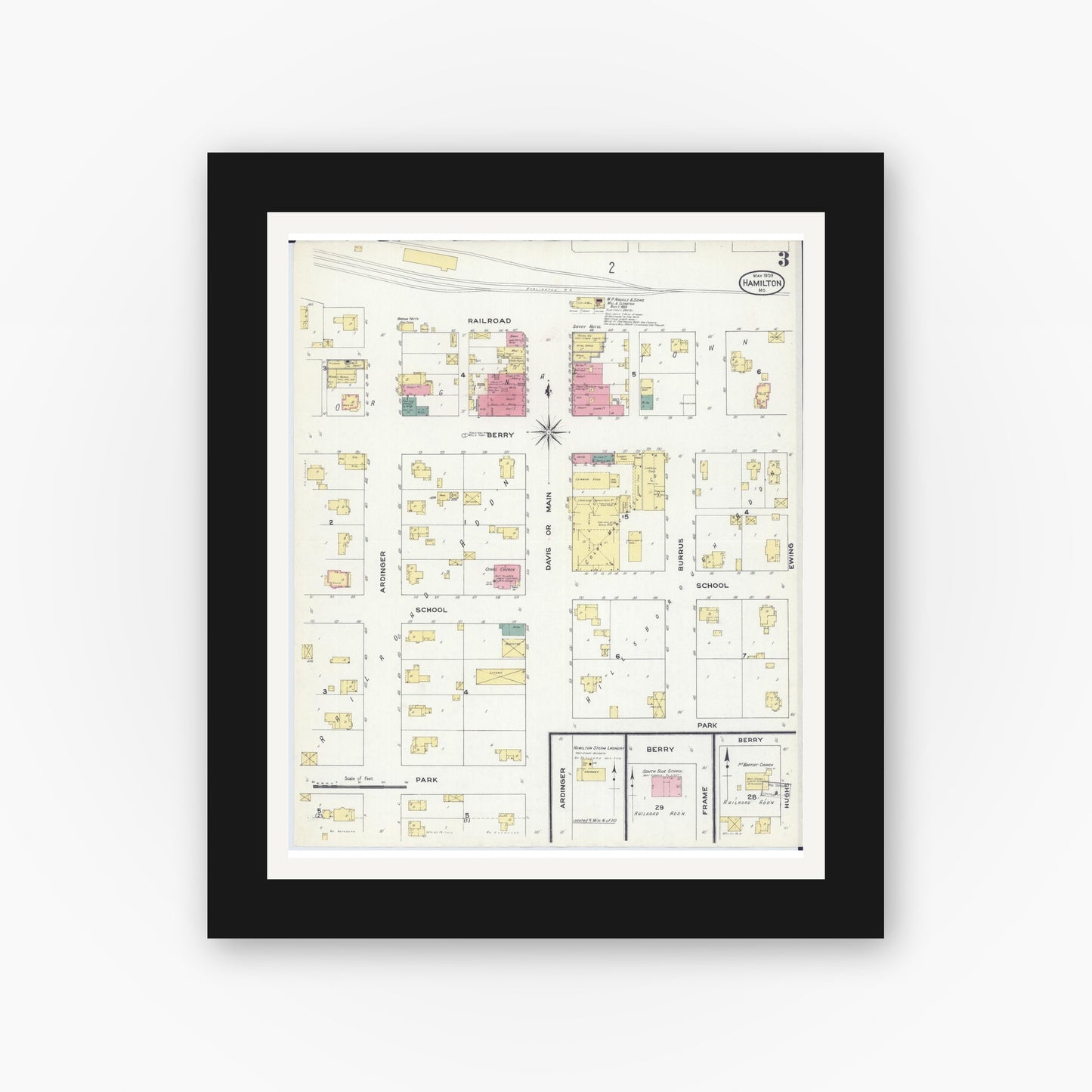 Old map wall art mockup — black gallery frame with white mat — Sanborn Fire Insurance Map from Hamilton, Caldwell County, Missouri (1909), Sheet #0003