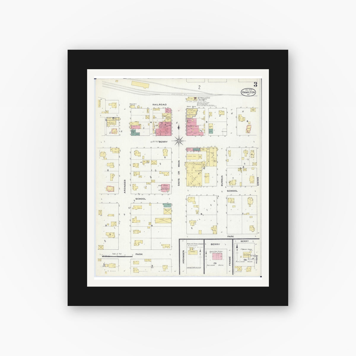 Old map wall art mockup — black gallery frame with white mat — Sanborn Fire Insurance Map from Hamilton, Caldwell County, Missouri (1909), Sheet #0003