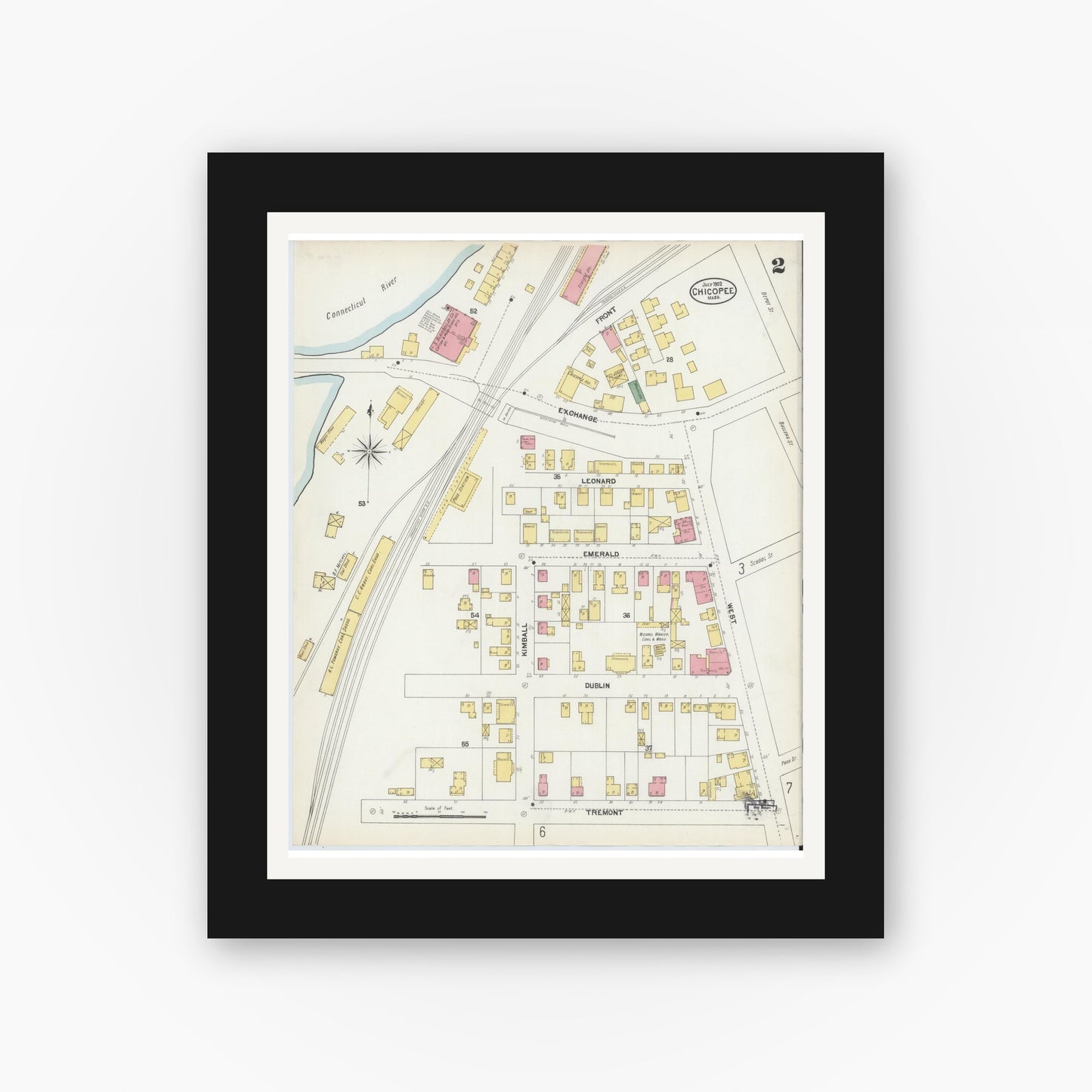 Old map wall art mockup — black gallery frame with white mat — Sanborn Fire Insurance Map from Chicopee, Hampden County, Massachusetts (1902) - Complete Map Set