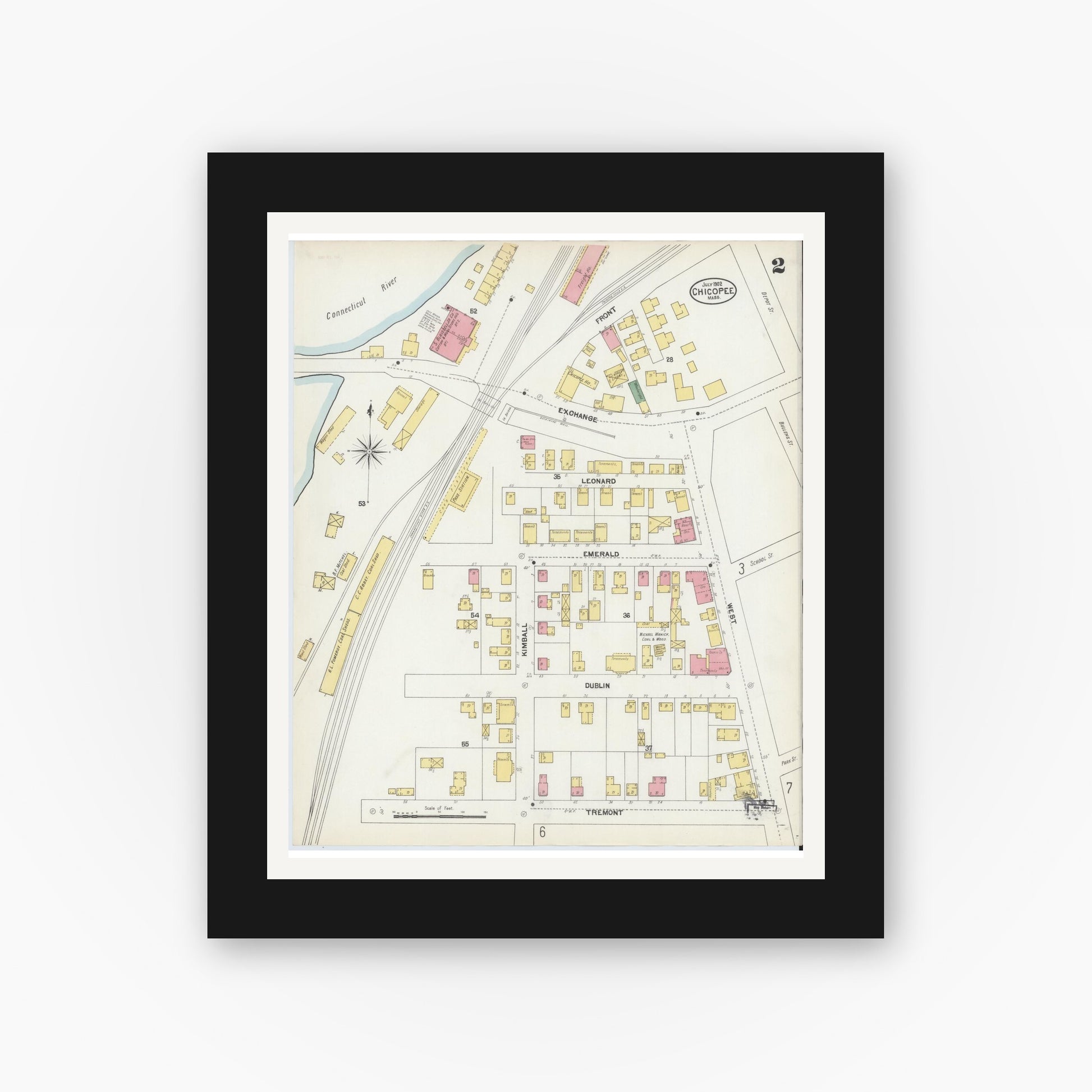Old map wall art mockup — black gallery frame with white mat — Sanborn Fire Insurance Map from Chicopee, Hampden County, Massachusetts (1902) - Complete Map Set