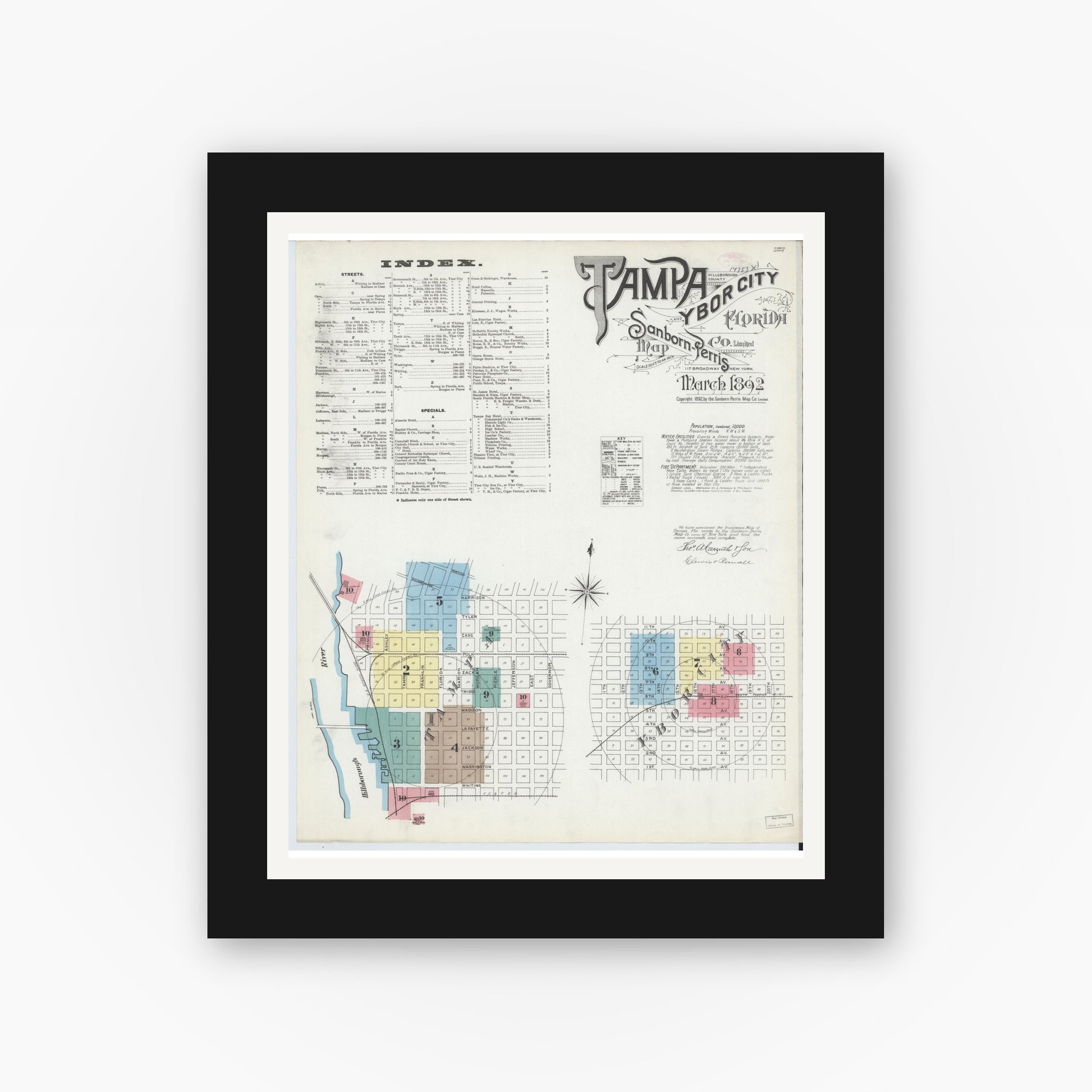 Old map wall art mockup — black gallery frame with white mat — Sanborn Fire Insurance Map from Tampa, Hillsborough County, Florida (1892) - Complete Map Set