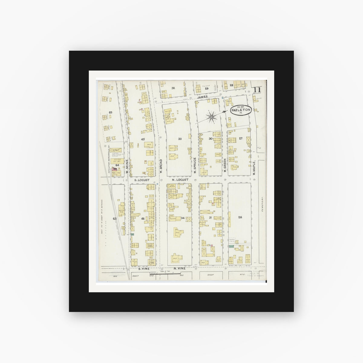 Old map wall art mockup — black gallery frame with white mat — Sanborn Fire Insurance Map from Hazleton, Luzerne County, Pennsylvania (1891), Sheet #0011