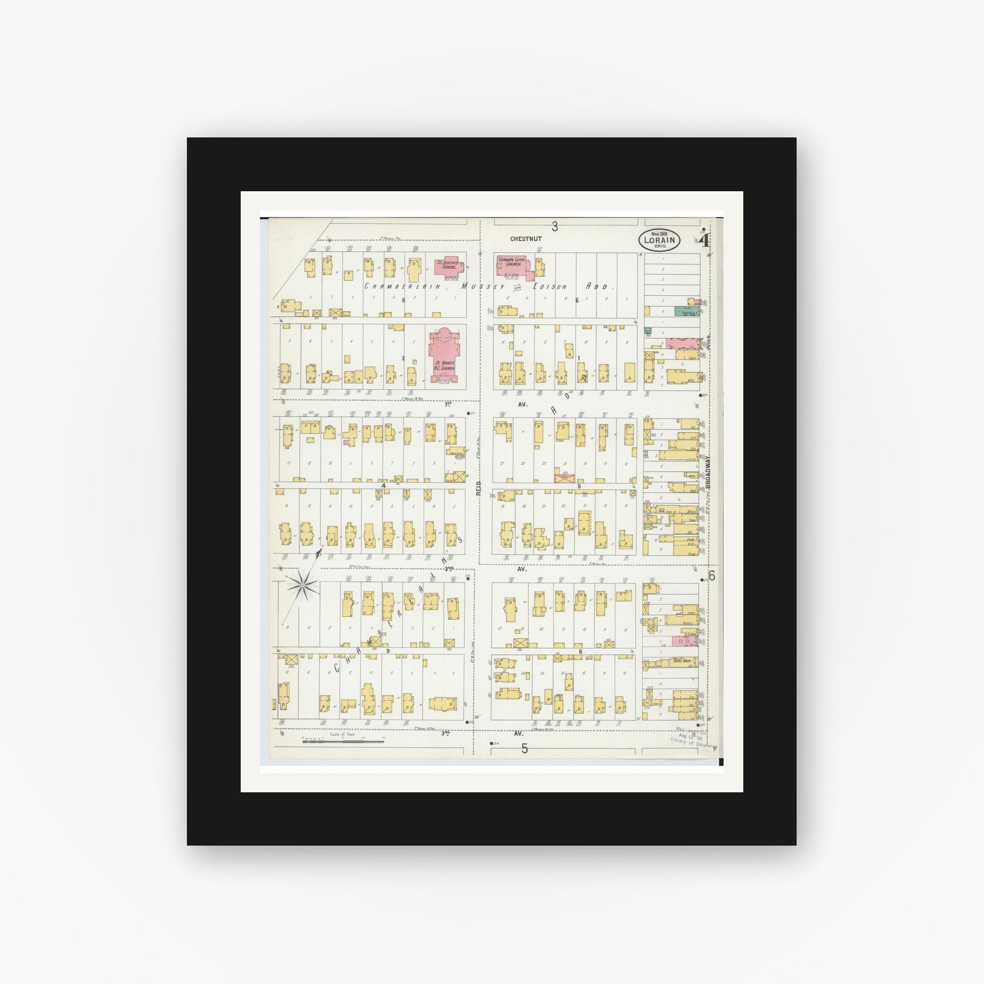 Old map wall art mockup — black gallery frame with white mat — Sanborn Fire Insurance Map from Lorain, Lorain County, Ohio (1900), Sheet #0004