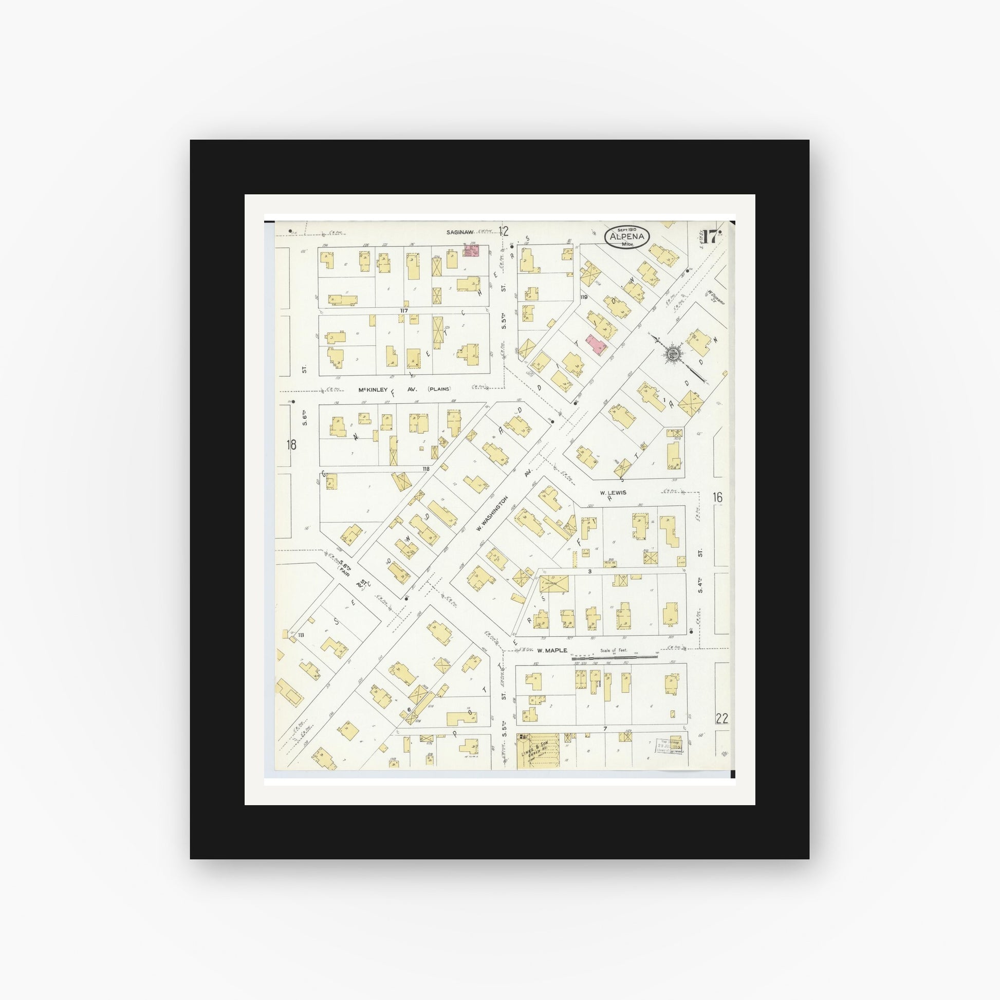 Old map wall art mockup — black gallery frame with white mat — Sanborn Fire Insurance Map from Alpena, Alpena County, Michigan (1910), Sheet #0017