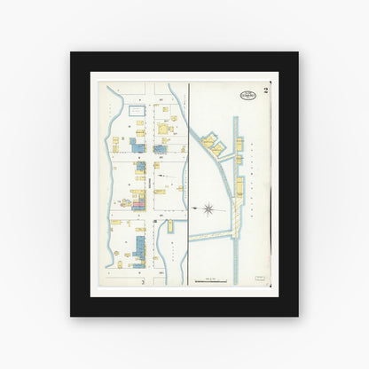 Old map wall art mockup — black gallery frame with white mat — Sanborn Fire Insurance Map from Cedar Key, Levy County, Florida (1909), Sheet #0002