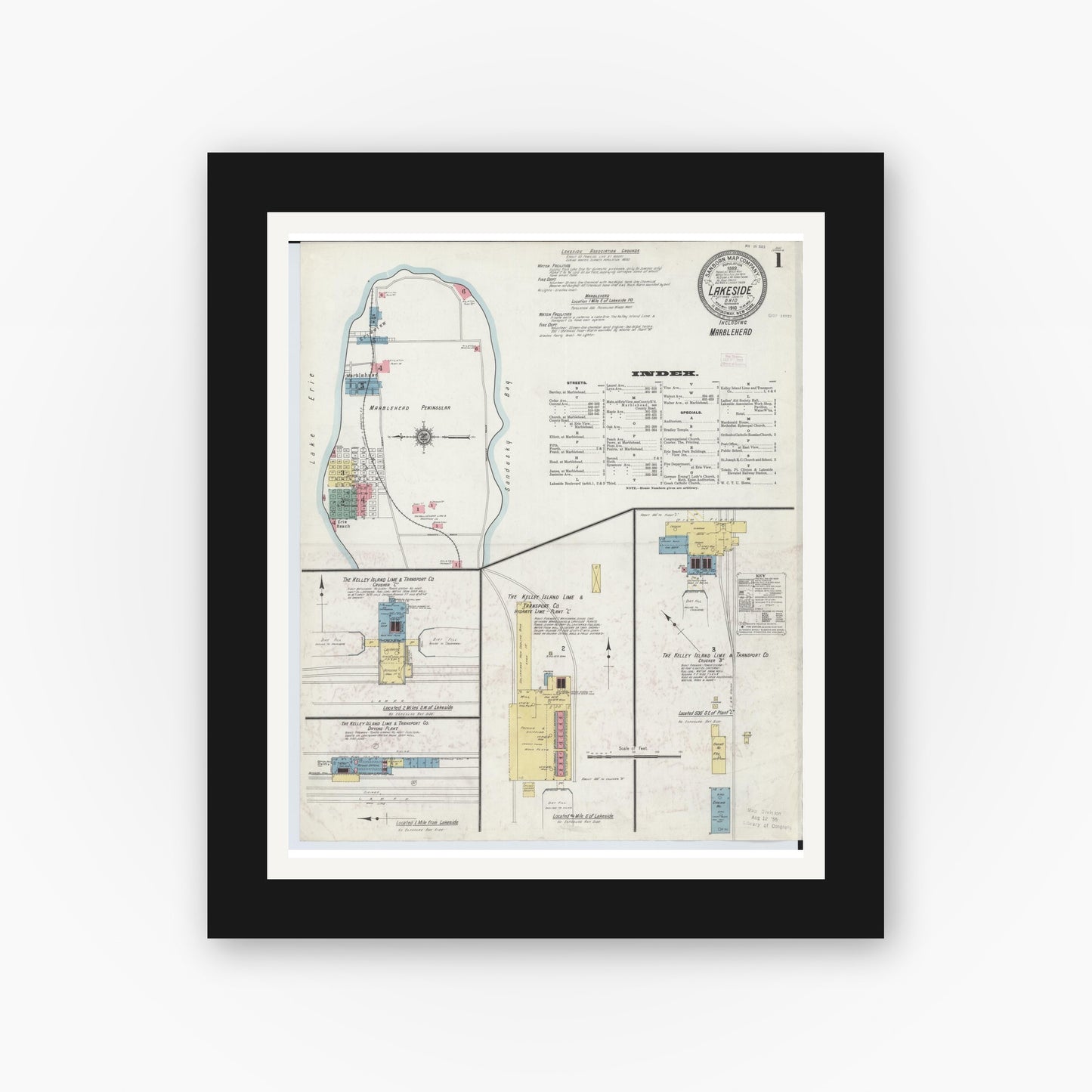 Old map wall art mockup — black gallery frame with white mat — Sanborn Fire Insurance Map from Lakeside, Ottawa County, Ohio (1910), Sheet #0001
