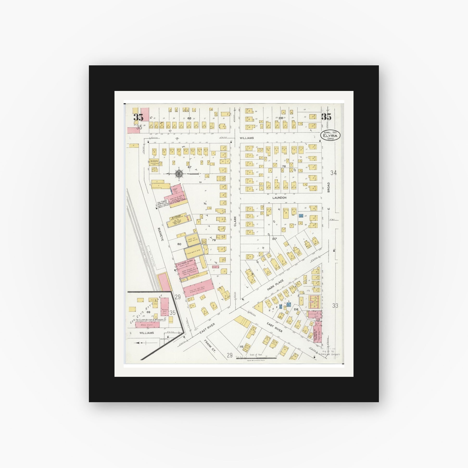 Old map wall art mockup — black gallery frame with white mat — Sanborn Fire Insurance Map from Elyria, Lorain County, Ohio (1925), Sheet #0035