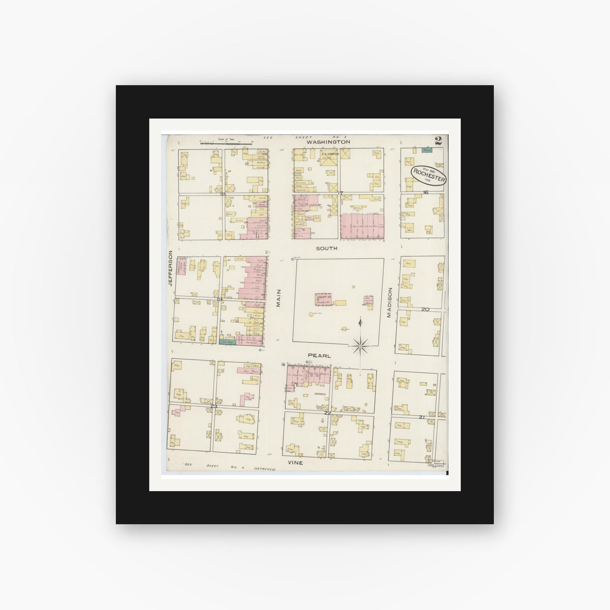 Old map wall art mockup — black gallery frame with white mat — Sanborn Fire Insurance Map from Rochester, Fulton County, Indiana (1885), Sheet #0002