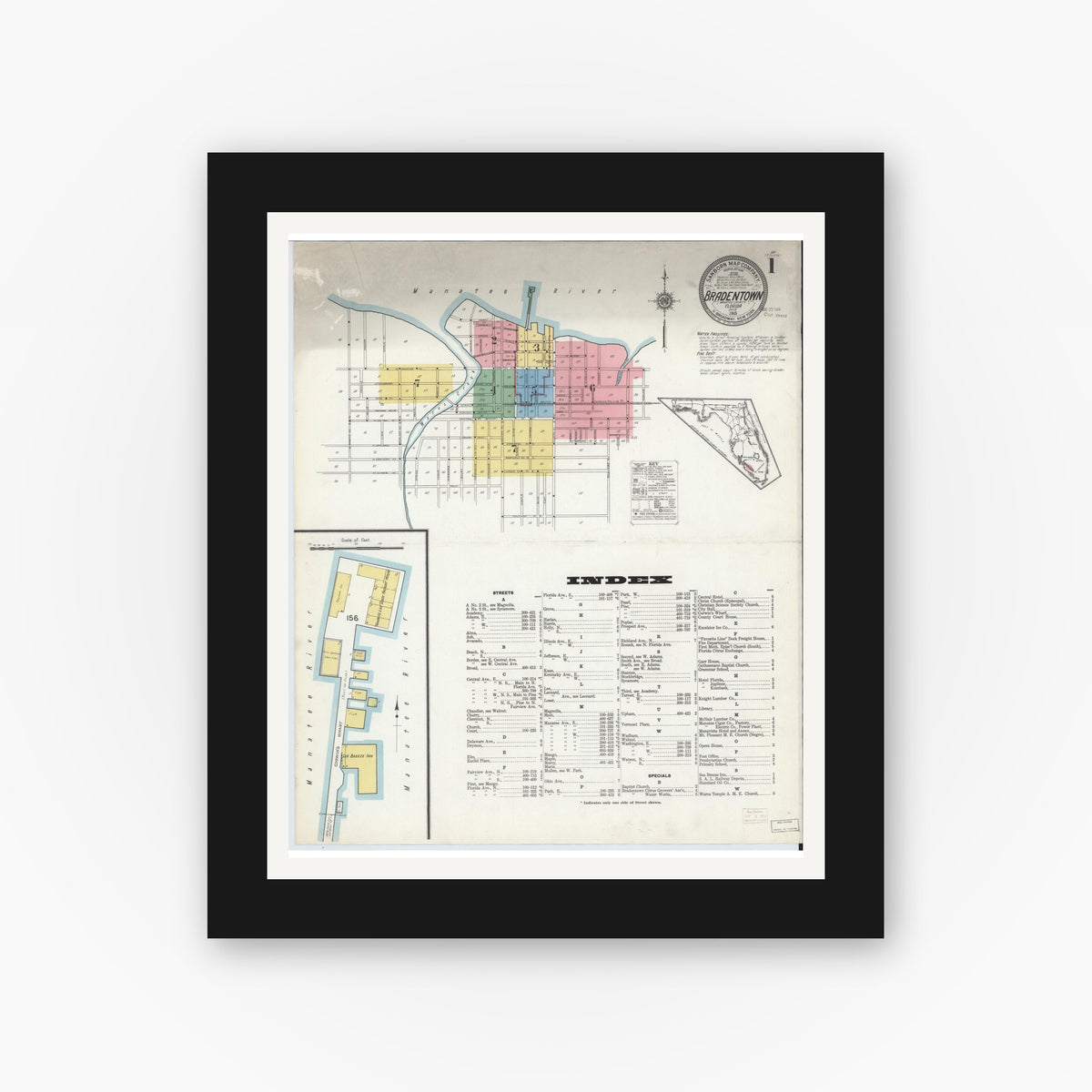 Old map wall art mockup — black gallery frame with white mat — Sanborn Fire Insurance Map from Bradentown, Manatee County, Florida (1915), Sheet #0001