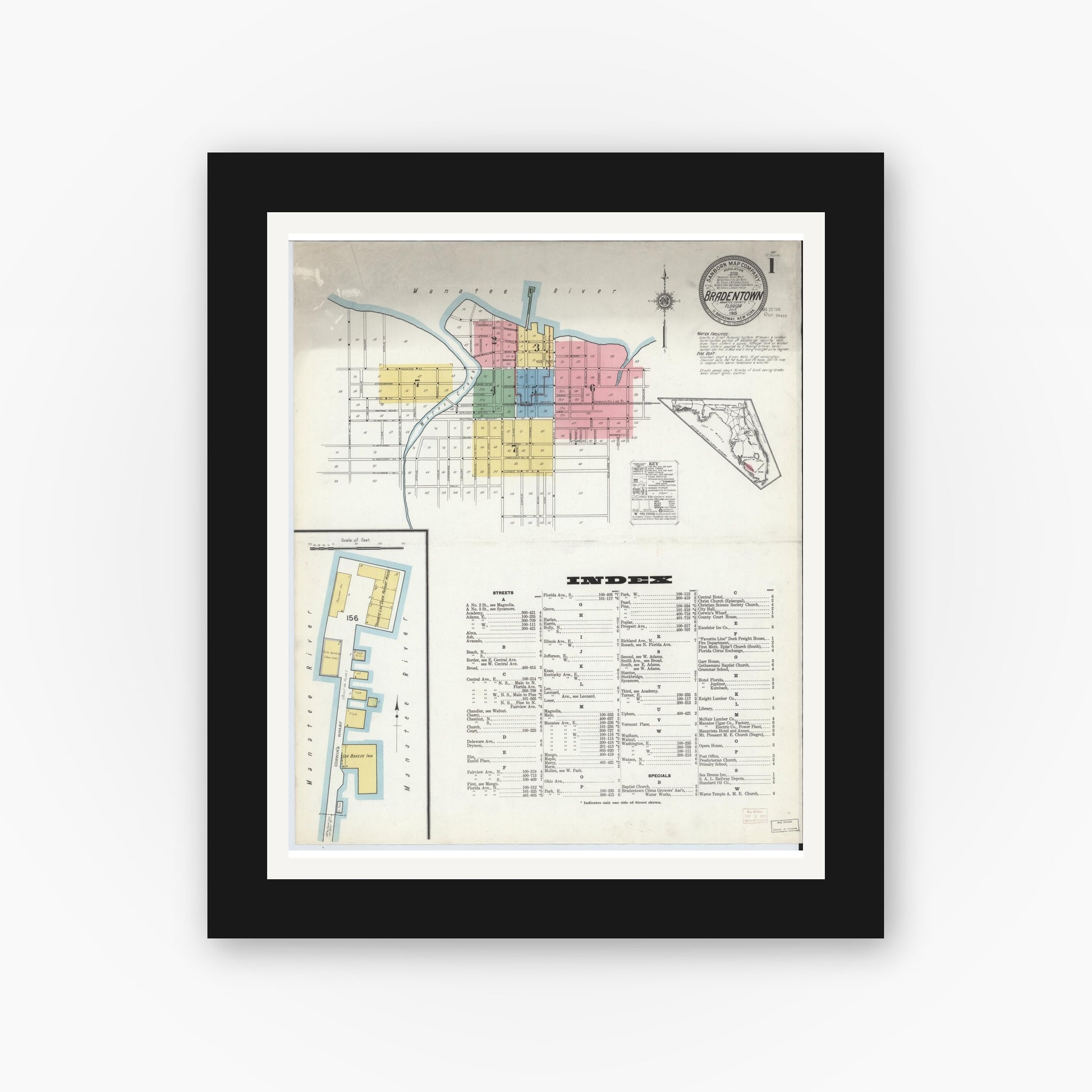 Old map wall art mockup — black gallery frame with white mat — Sanborn Fire Insurance Map from Bradentown, Manatee County, Florida (1915), Sheet #0001