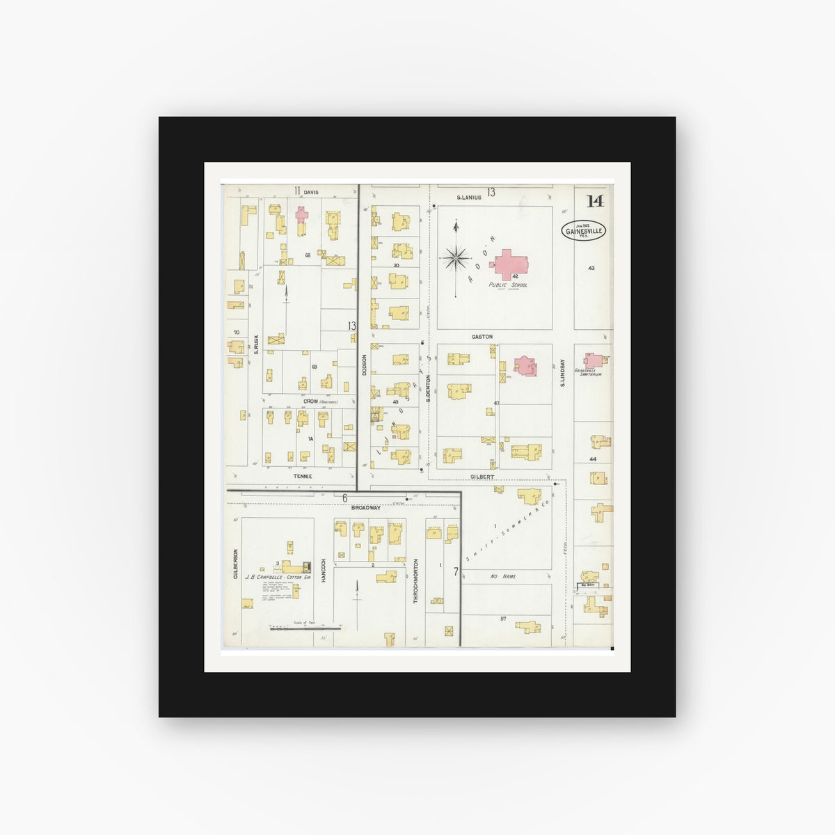 Old map wall art mockup — black gallery frame with white mat — Sanborn Fire Insurance Map from Gainesville, Cooke County, Texas (1902), Sheet #0014