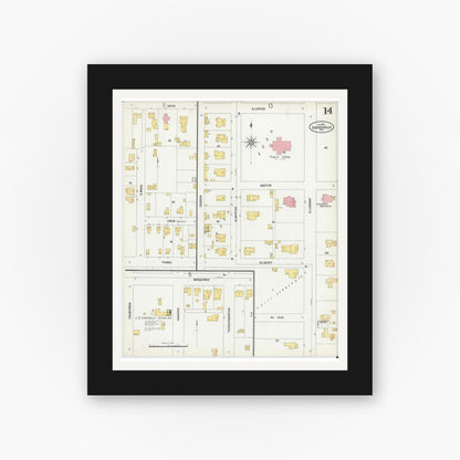 Old map wall art mockup — black gallery frame with white mat — Sanborn Fire Insurance Map from Gainesville, Cooke County, Texas (1902), Sheet #0014