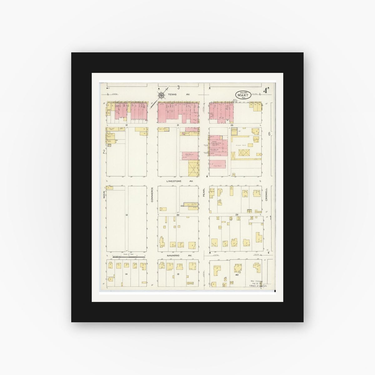 Old map wall art mockup — black gallery frame with white mat — Sanborn Fire Insurance Map from Mart, McLennan County, Texas (1915), Sheet #0004