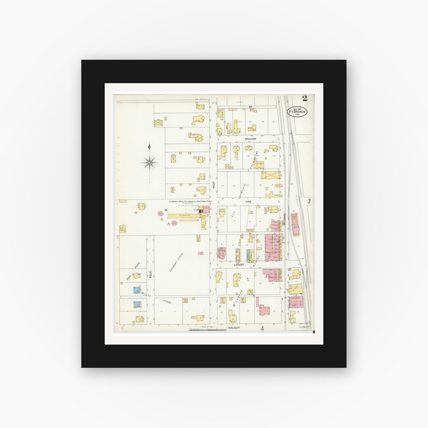 Old map wall art mockup — black gallery frame with white mat — Sanborn Fire Insurance Map from Fort Branch, Gibson County, Indiana (1907), Sheet #0002