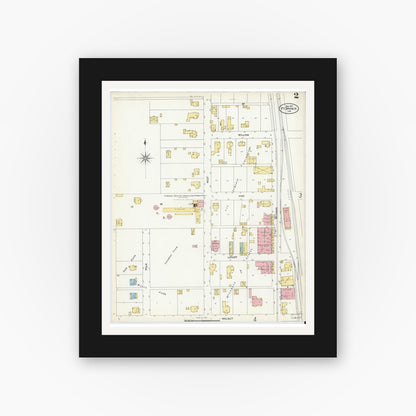 Old map wall art mockup — black gallery frame with white mat — Sanborn Fire Insurance Map from Fort Branch, Gibson County, Indiana (1907), Sheet #0002