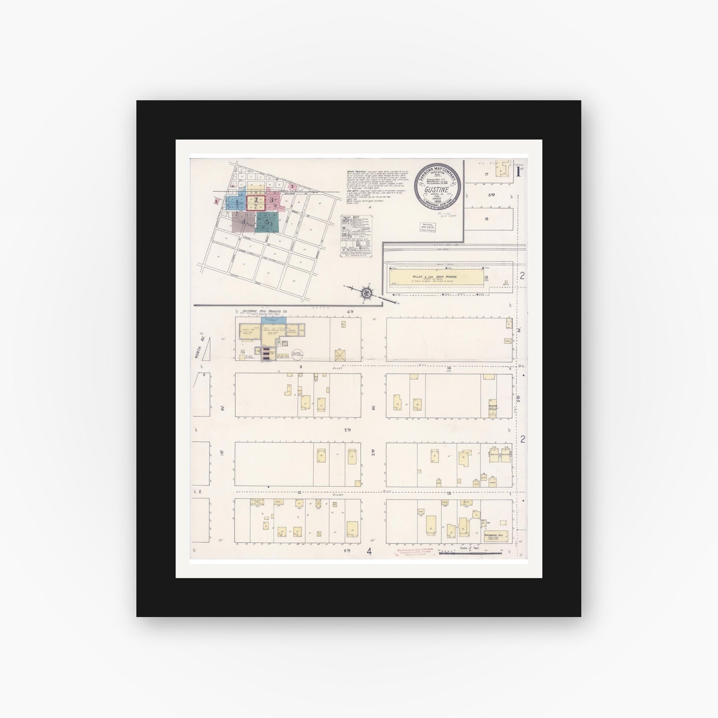 Old map wall art mockup — black gallery frame with white mat — Sanborn Fire Insurance Map from Gustine, Merced County, California (1920) - Complete Map Set
