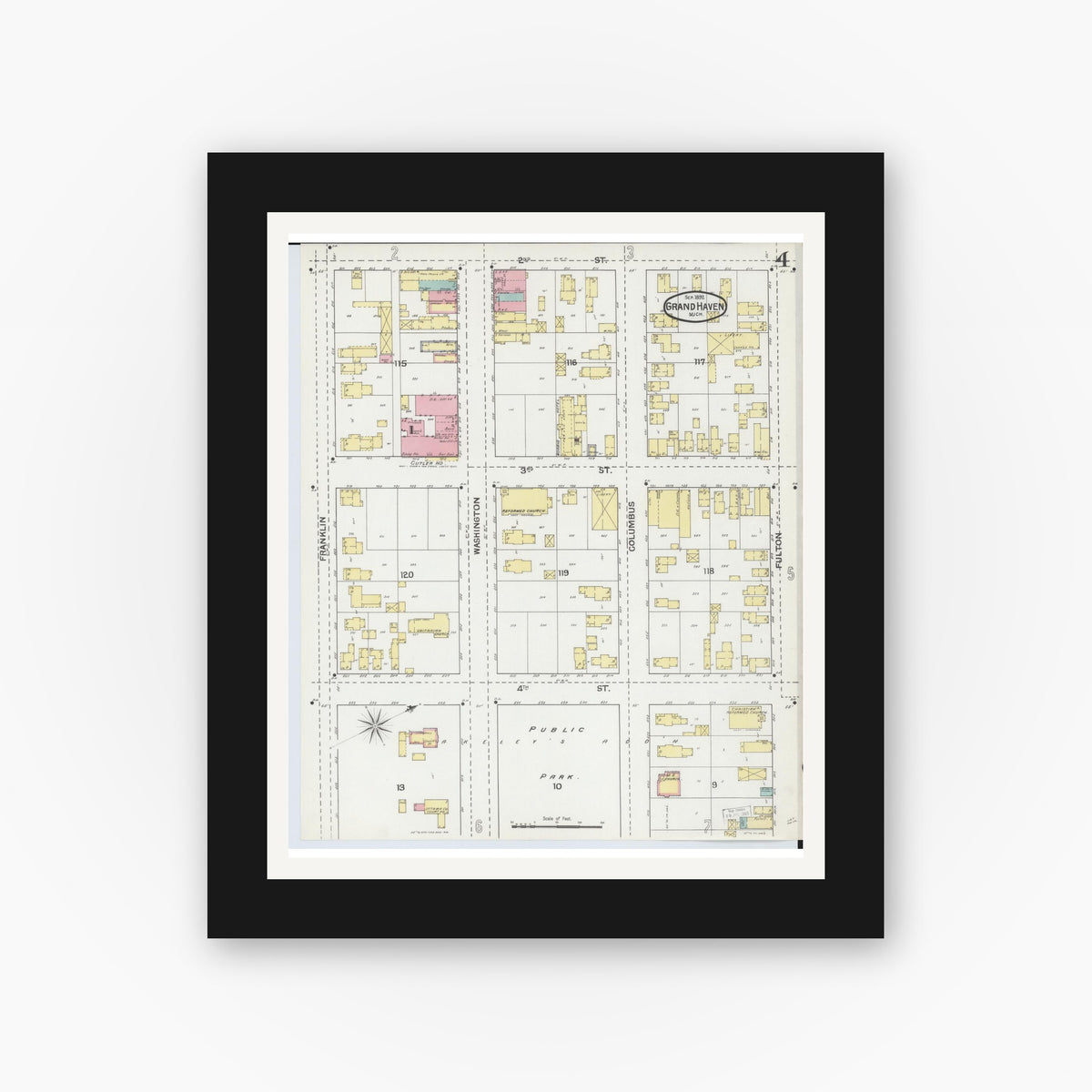 Old map wall art mockup — black gallery frame with white mat — Sanborn Fire Insurance Map from Grand Haven, Ottawa County, Michigan (1892), Sheet #0004