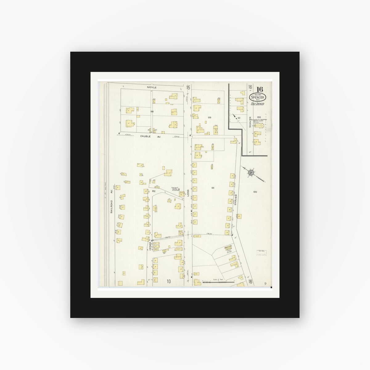 Old map wall art mockup — black gallery frame with white mat — Sanborn Fire Insurance Map from Spencer, Rowan County, North Carolina (1913), Sheet #0016