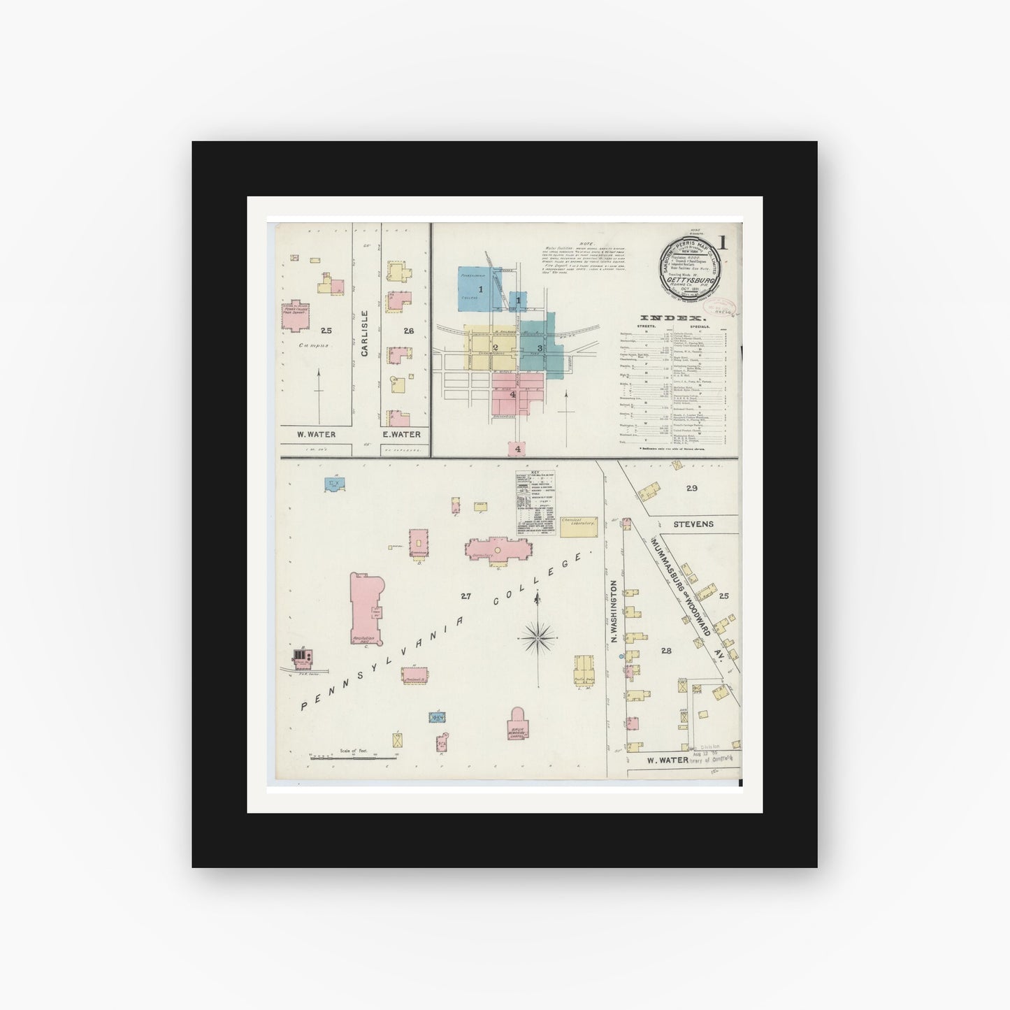 Old map wall art mockup — black gallery frame with white mat — Sanborn Fire Insurance Map from Gettysburg, Adams County, Pennsylvania (1891) - Complete Map Set