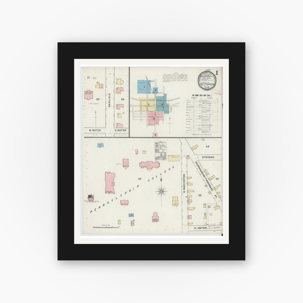 Old map wall art mockup — black gallery frame with white mat — Sanborn Fire Insurance Map from Gettysburg, Adams County, Pennsylvania (1891) - Complete Map Set
