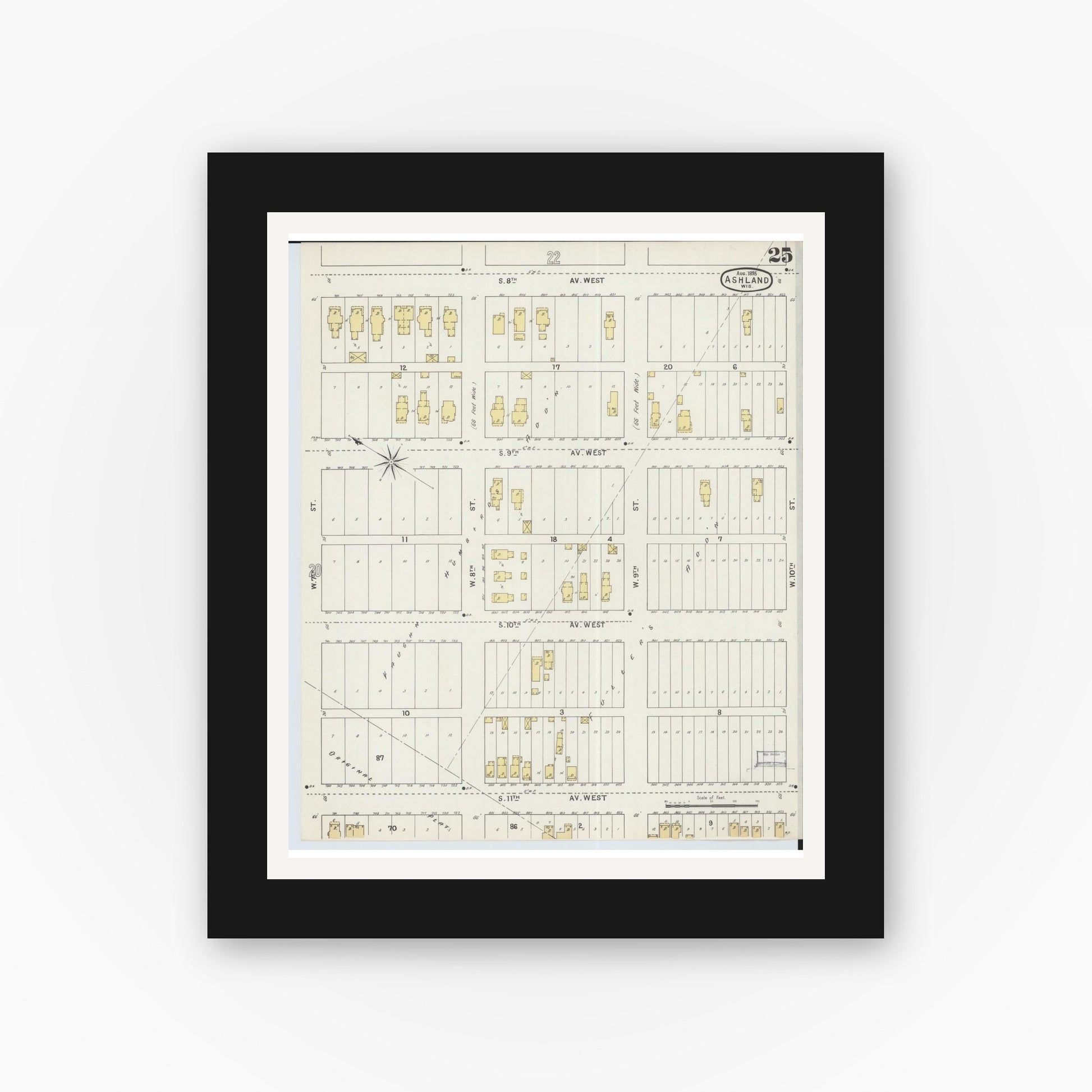 Old map wall art mockup — black gallery frame with white mat — Sanborn Fire Insurance Map from Ashland, Ashland County, Wisconsin (1895), Sheet #0025