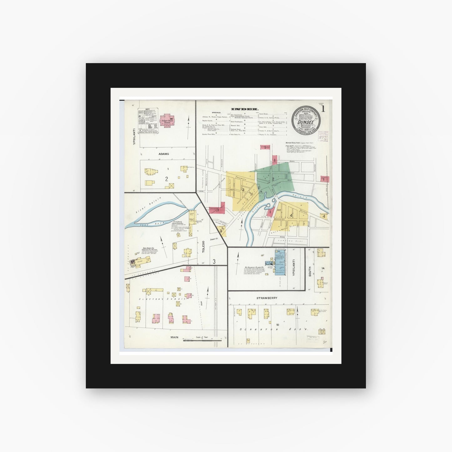 Old map wall art mockup — black gallery frame with white mat — Sanborn Fire Insurance Map from Dundee, Monroe County, Michigan (1908) - Complete Map Set