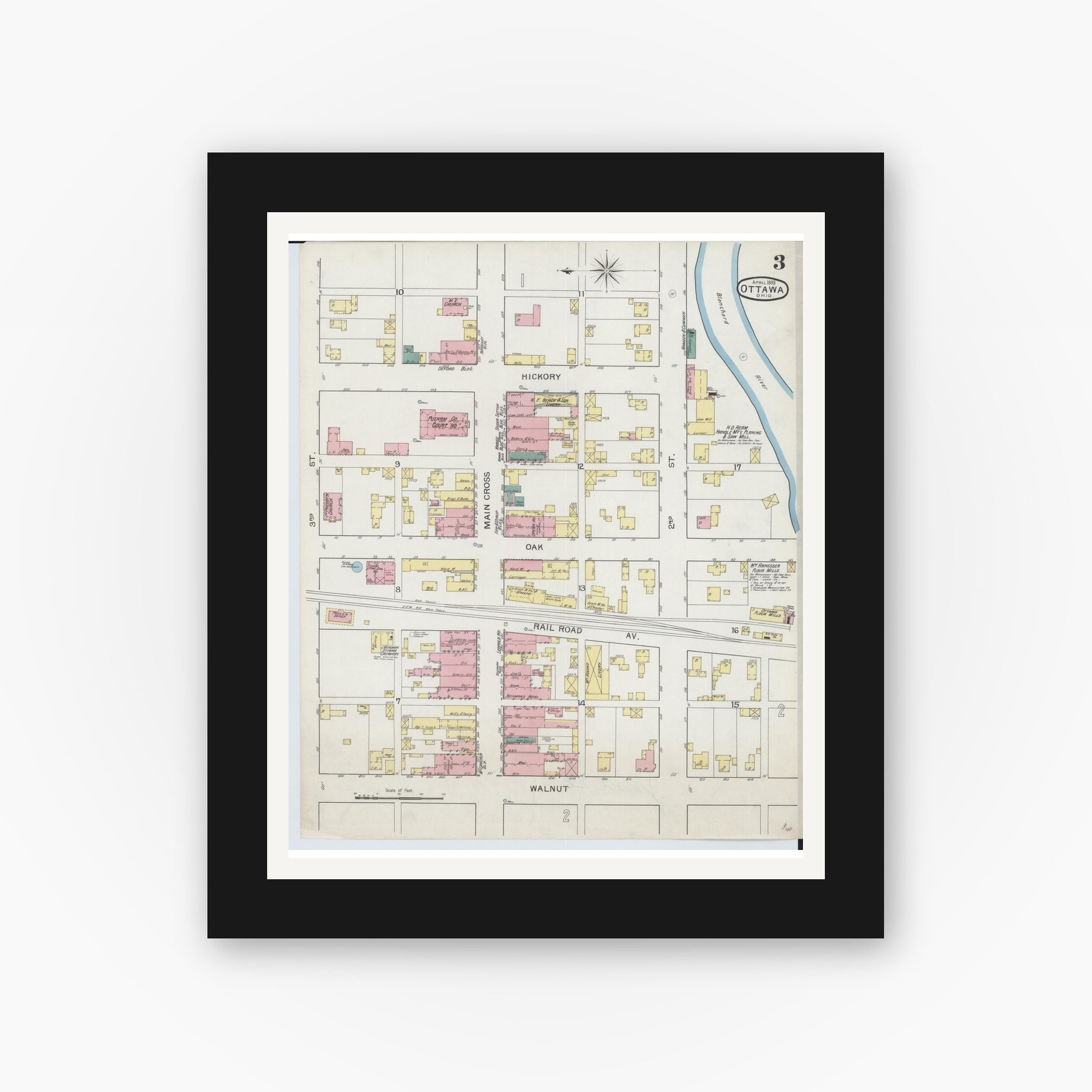 Old map wall art mockup — black gallery frame with white mat — Sanborn Fire Insurance Map from Ottawa, Putnam County, Ohio (1893), Sheet #0003