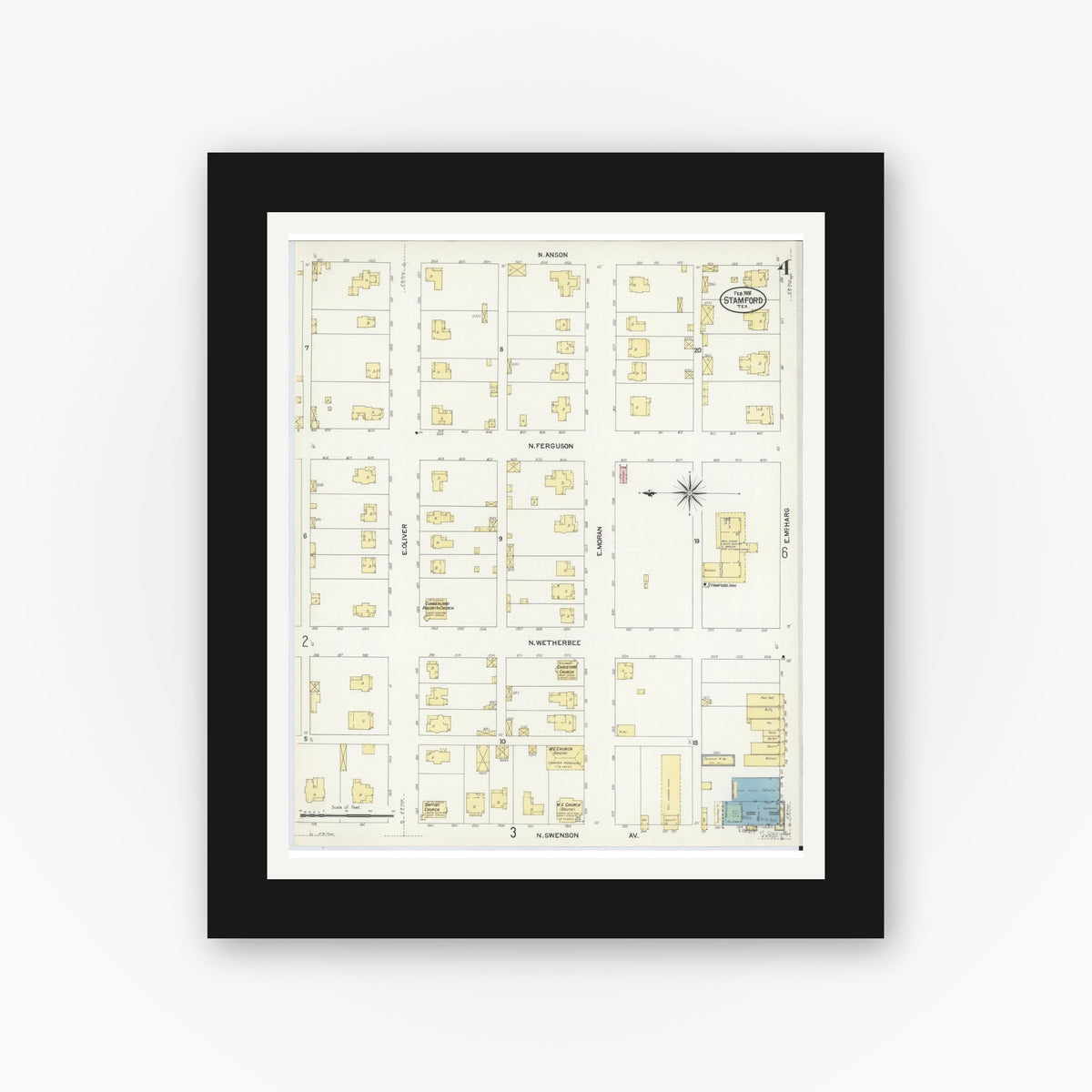 Old map wall art mockup — black gallery frame with white mat — Sanborn Fire Insurance Map from Stamford, Jones County, Texas (1908), Sheet #0004