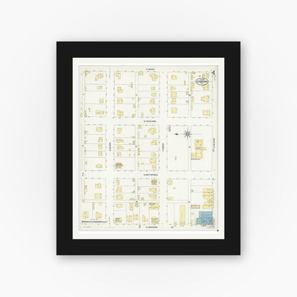 Old map wall art mockup — black gallery frame with white mat — Sanborn Fire Insurance Map from Stamford, Jones County, Texas (1908), Sheet #0004